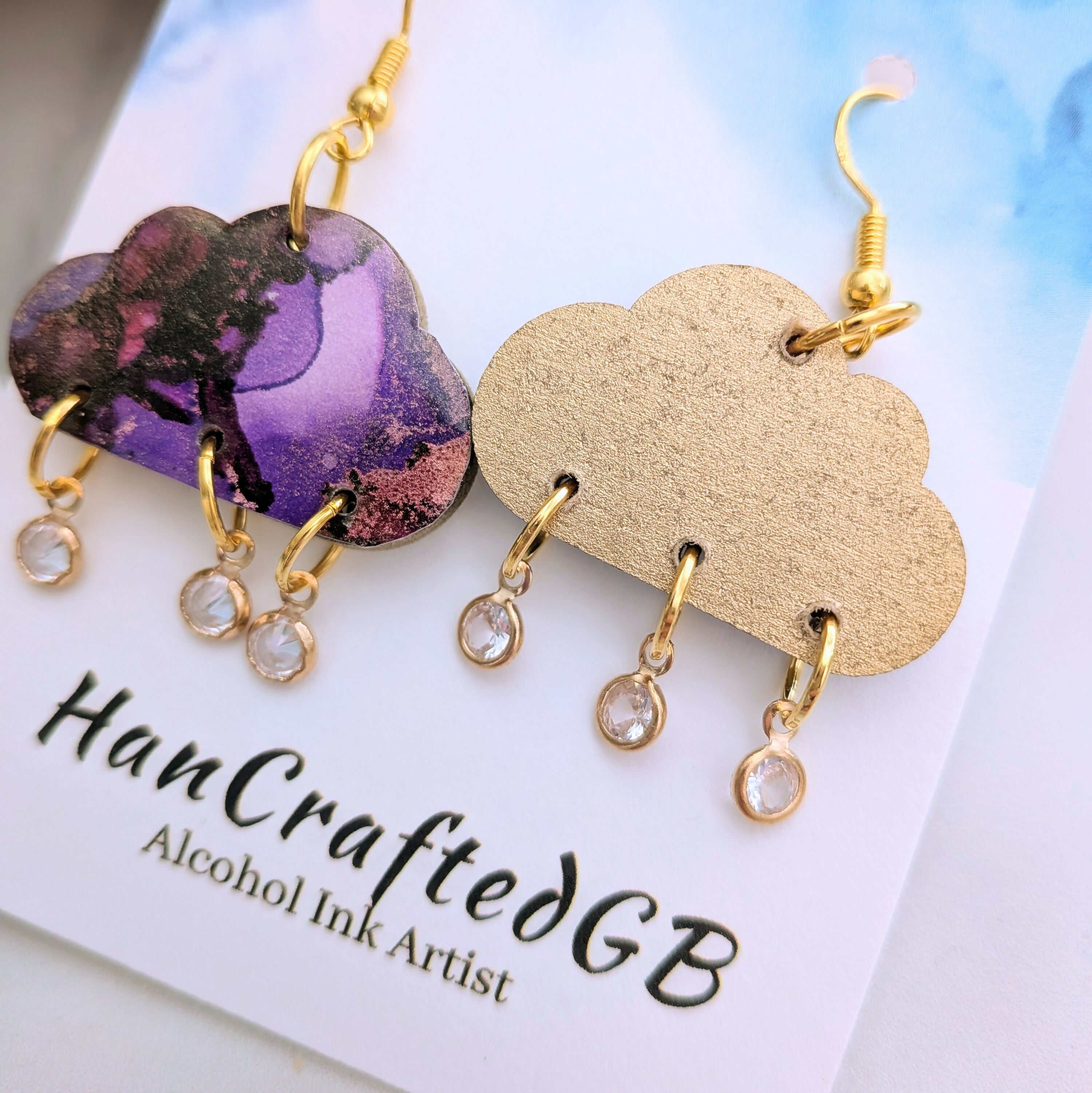Stormy Rain Cloud Dangle Earrings, Alcohol Ink Art