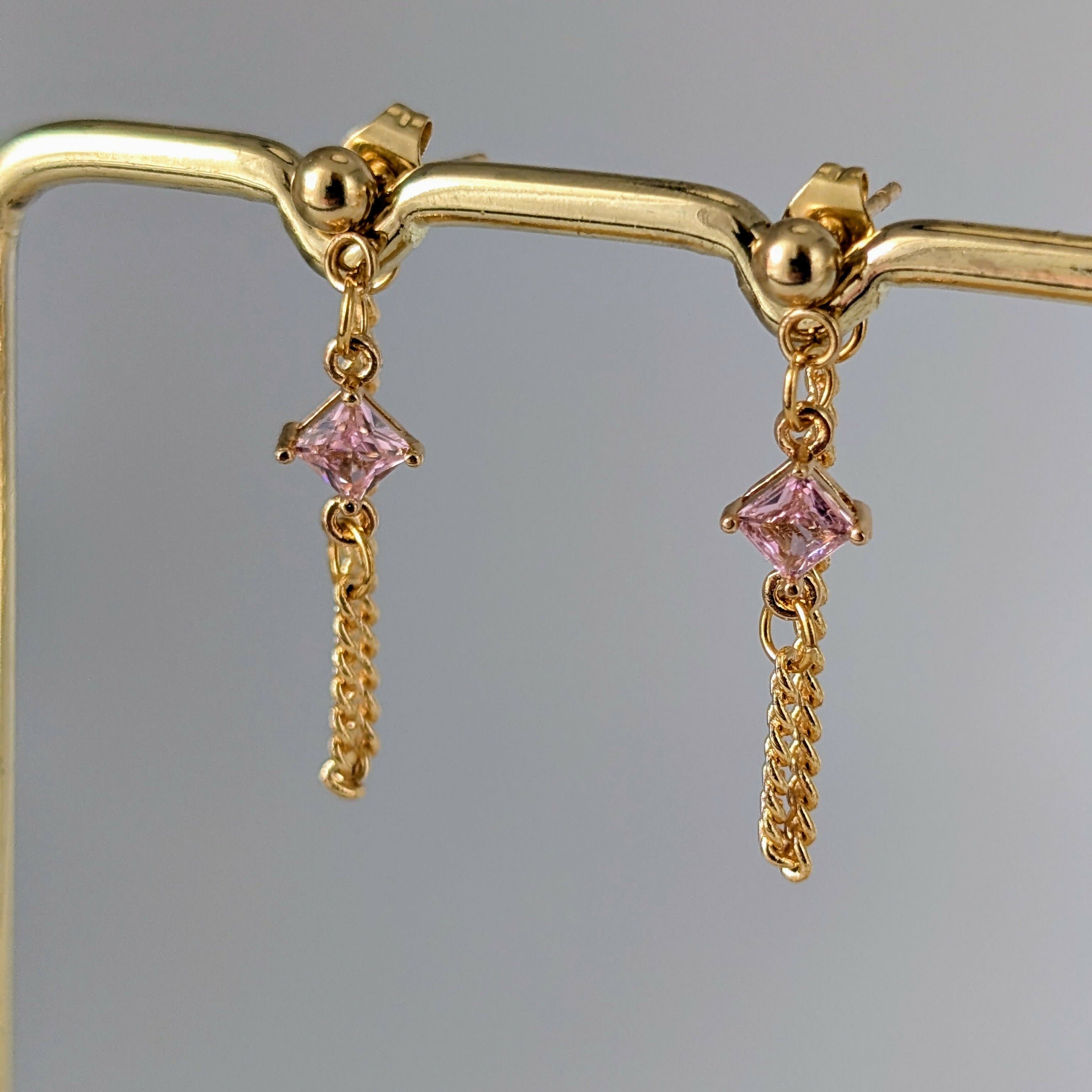 Powder Pink Zirconia Chain Earrrings on Gold Plated Ball Stud