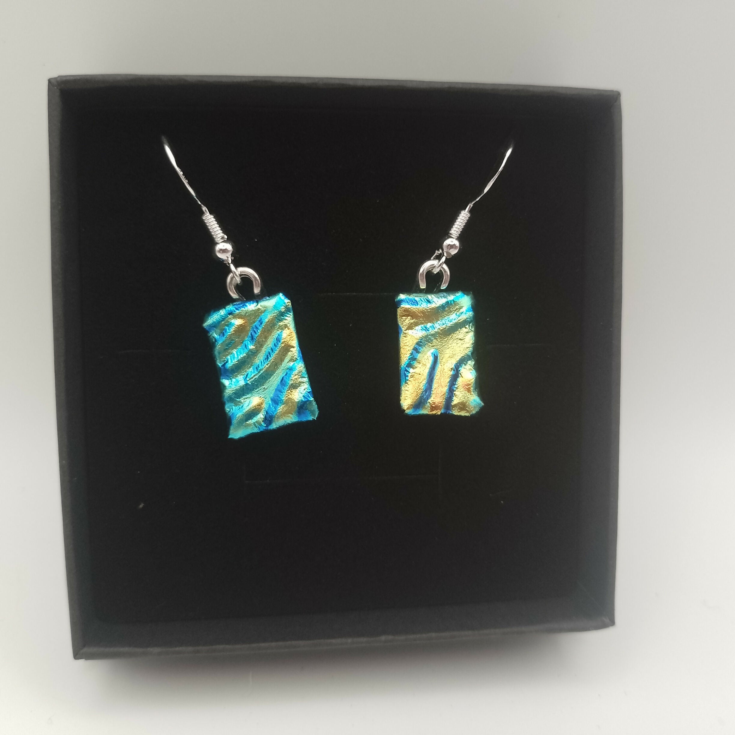 Green, Gold and Blue Rippled Dichroic Earrings