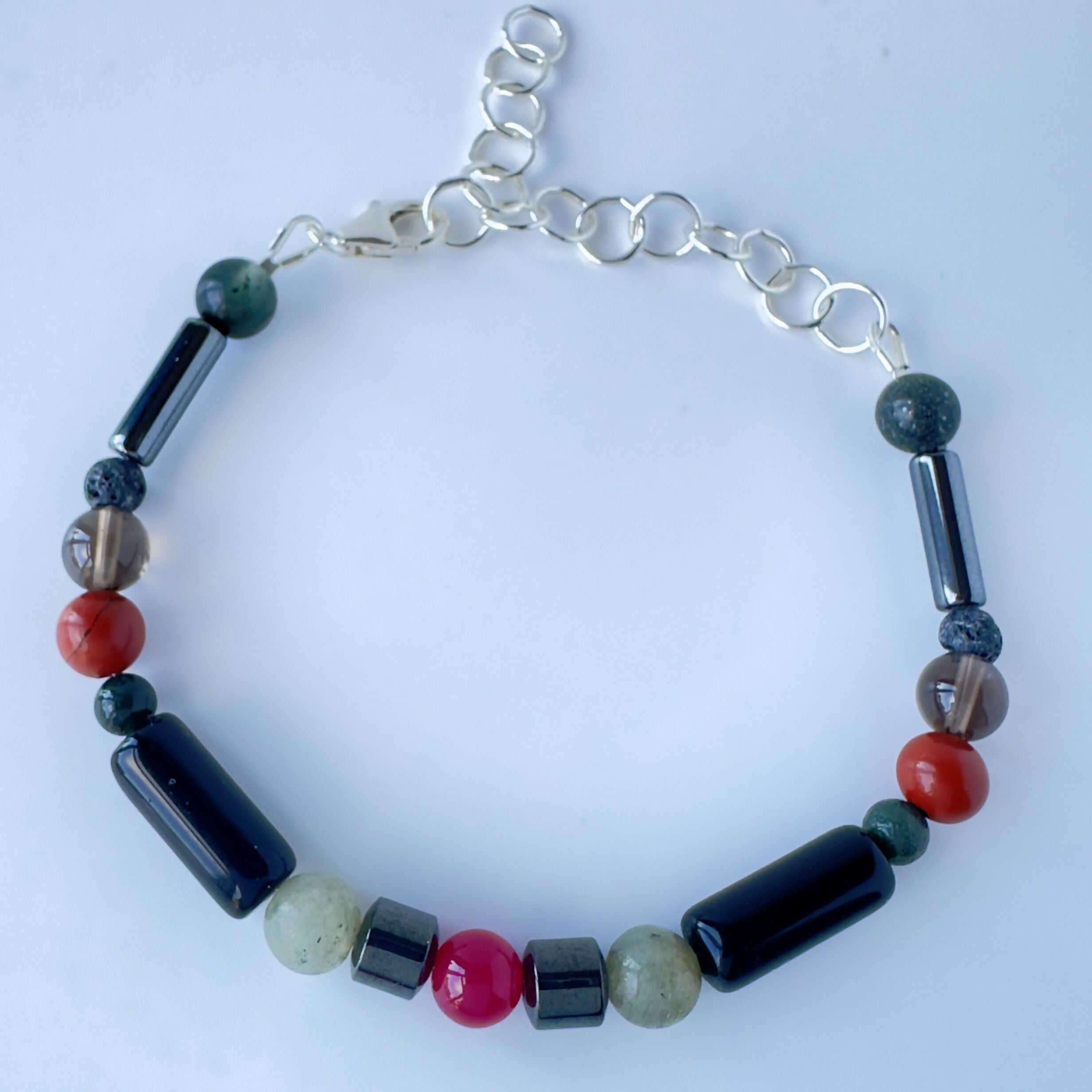 UNISEX HEALING CRYSTAL & STERLING SILVER ROOT CHAKRA BRACELET WITH AROMATHERAPY BEADS