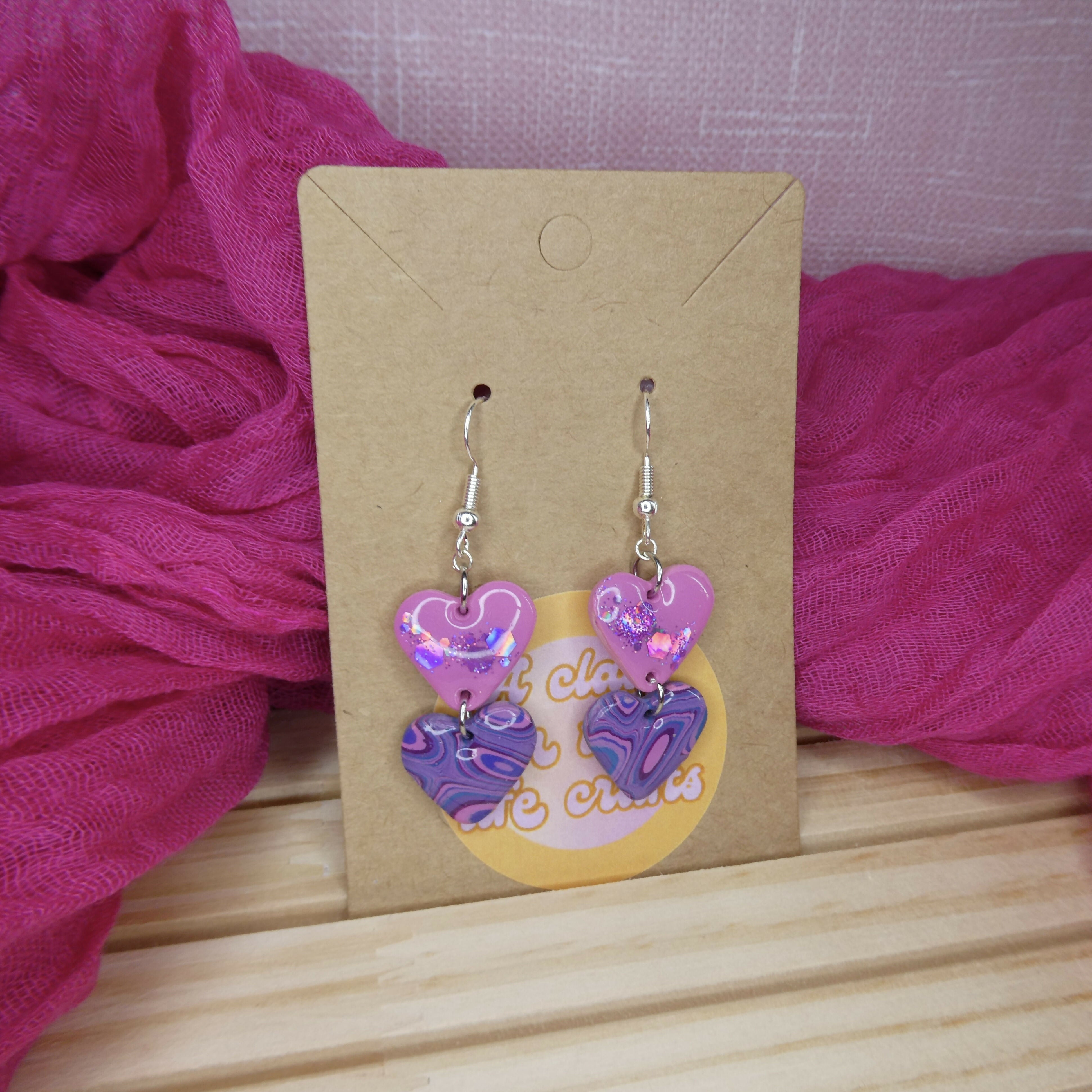 Pink And Purple Geometric Dangle Heart Polymer Clay Earrings