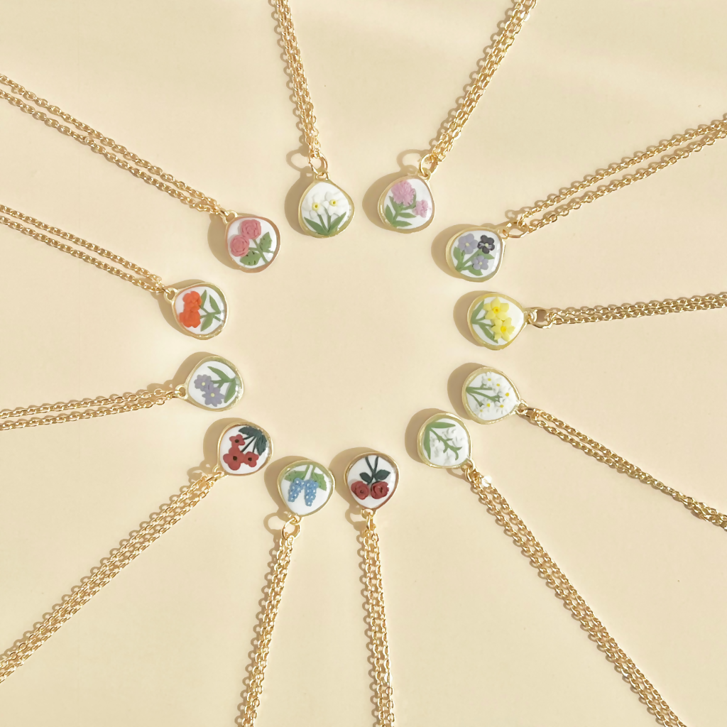 Birth Flower Pendant Necklace - Handmade Polymer Clay Necklace