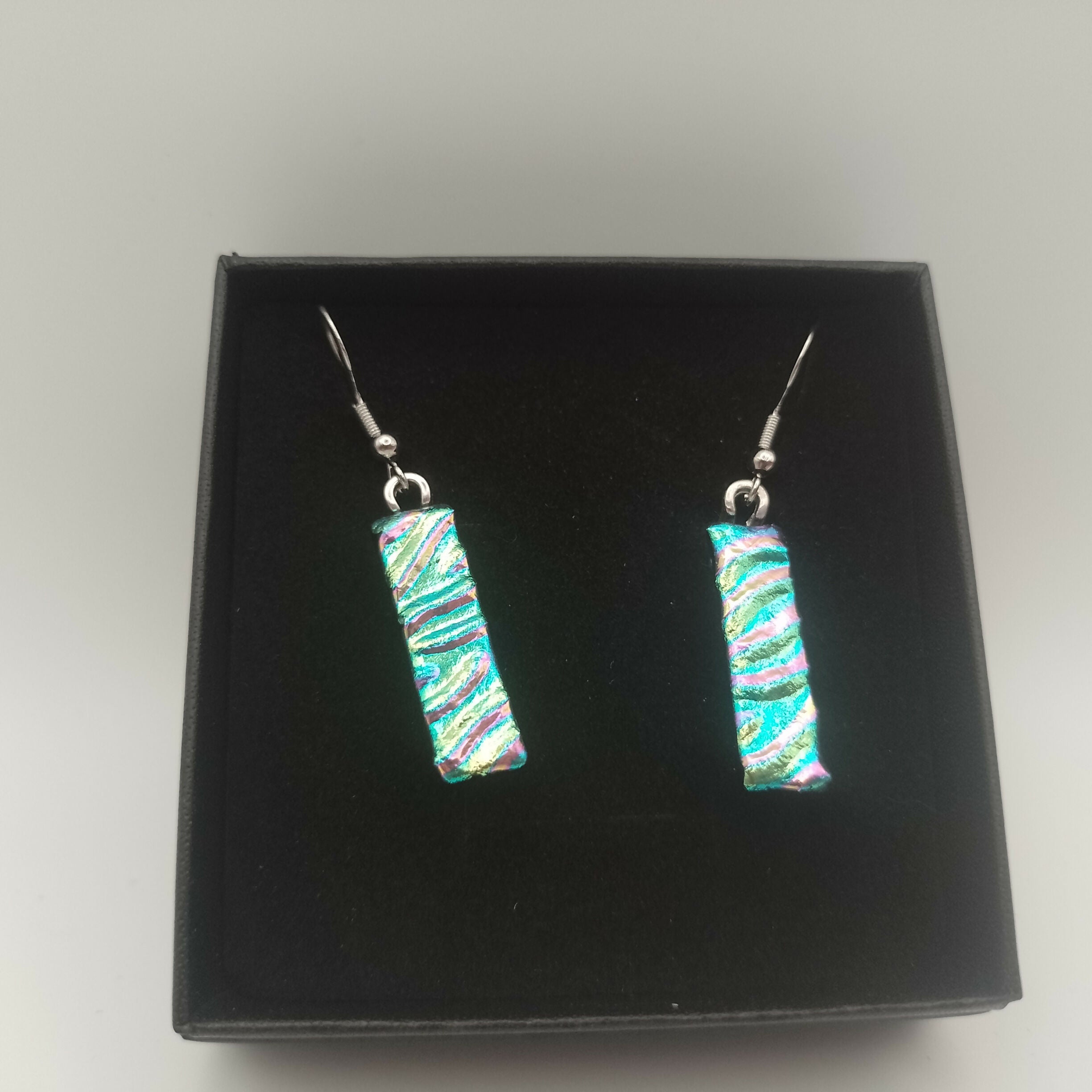 Green and Pink Rippled Dichroic Earrings