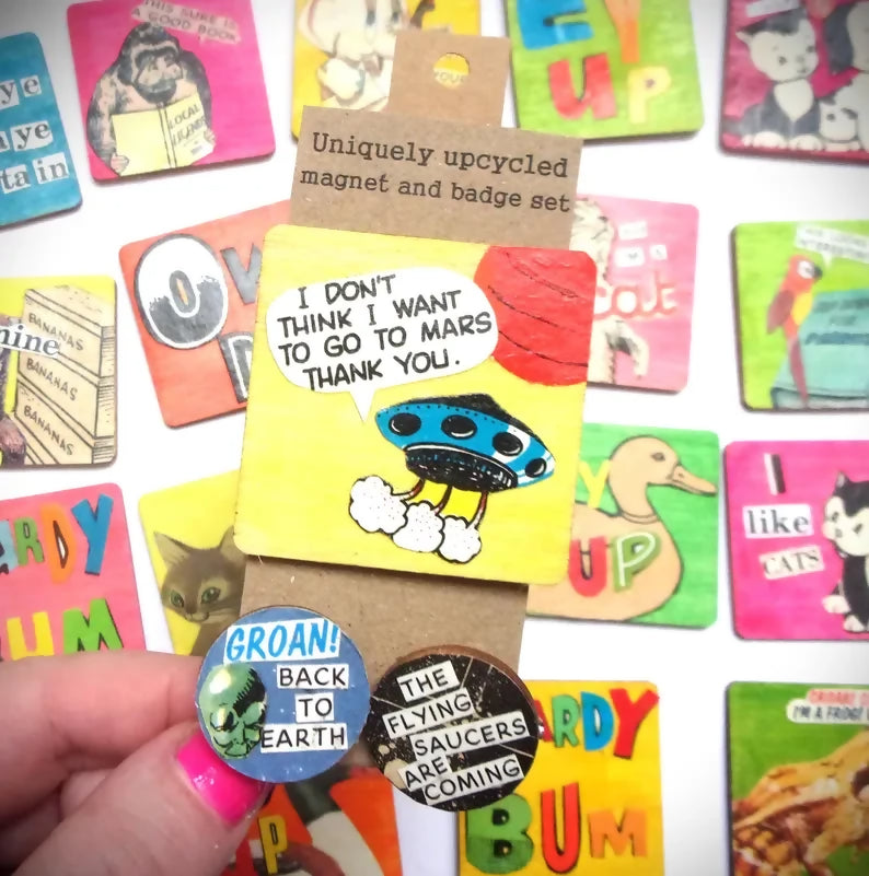 Upcycled Magnet and Badge Set