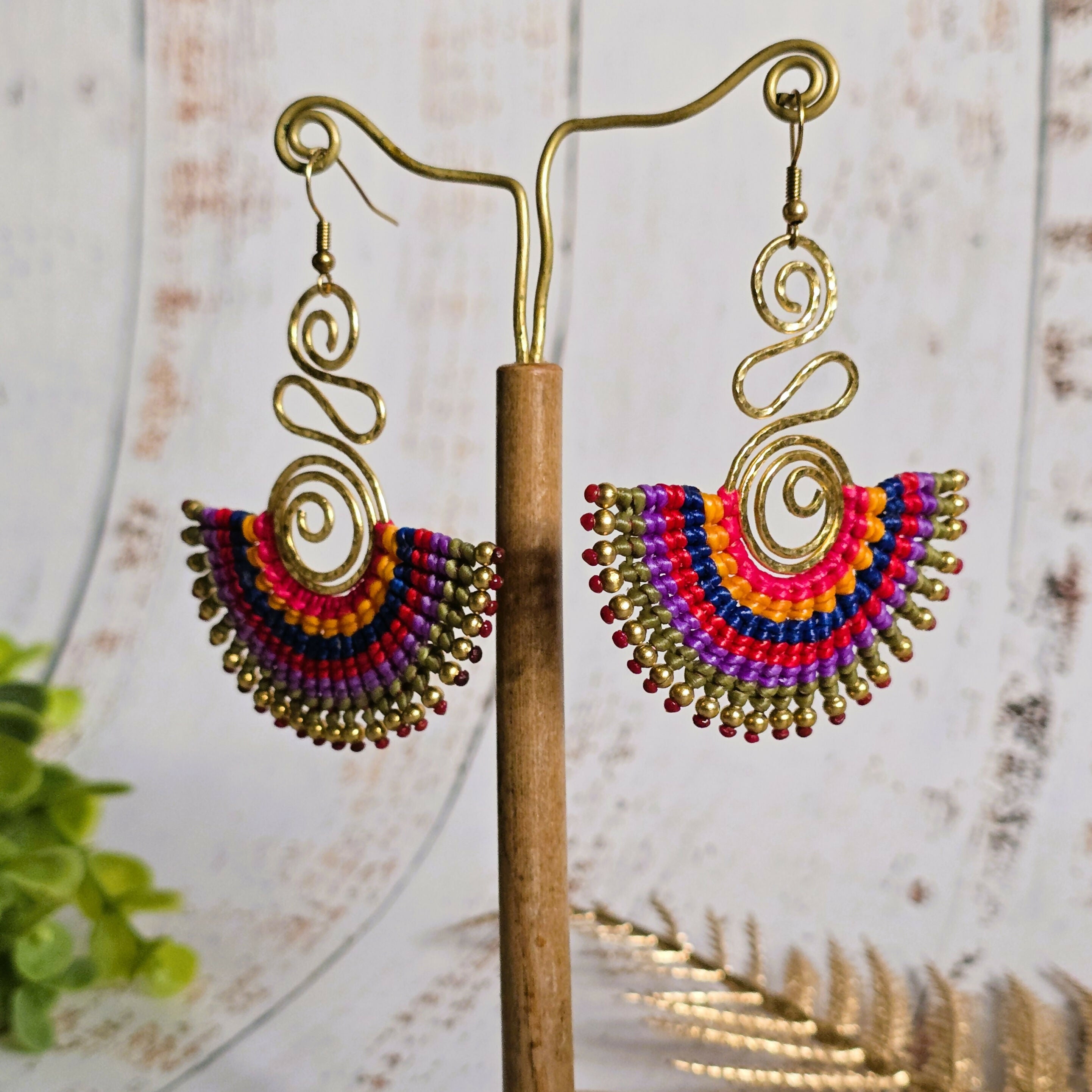 Rainbow Macrame Earrings; Statement Colourful Gold Wire Spiral Exotic Thai Boho Earrings