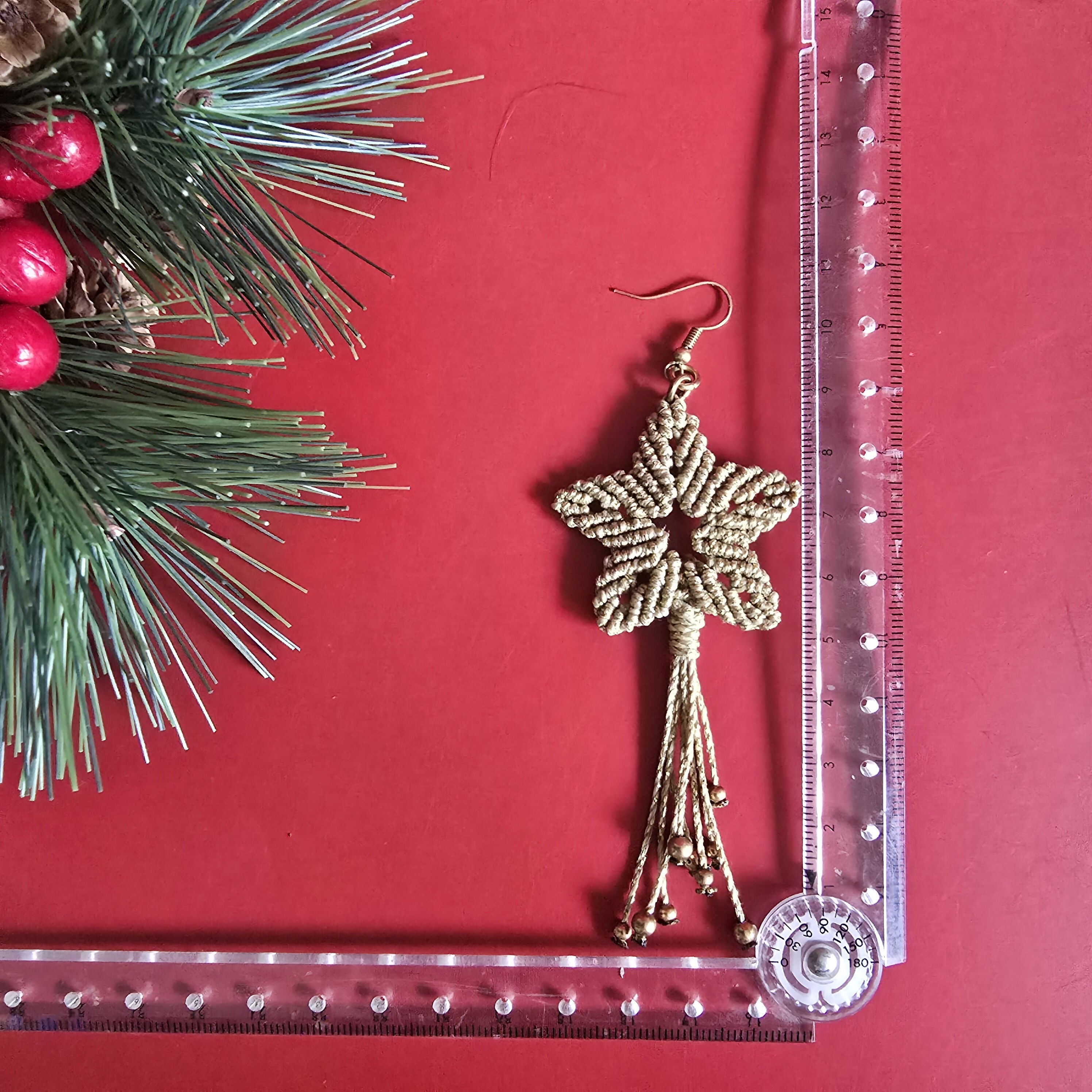 Christmas Shooting Star Earrings; Macrame Gold Sparkly Knotted Cord Festive Handmade Earrings