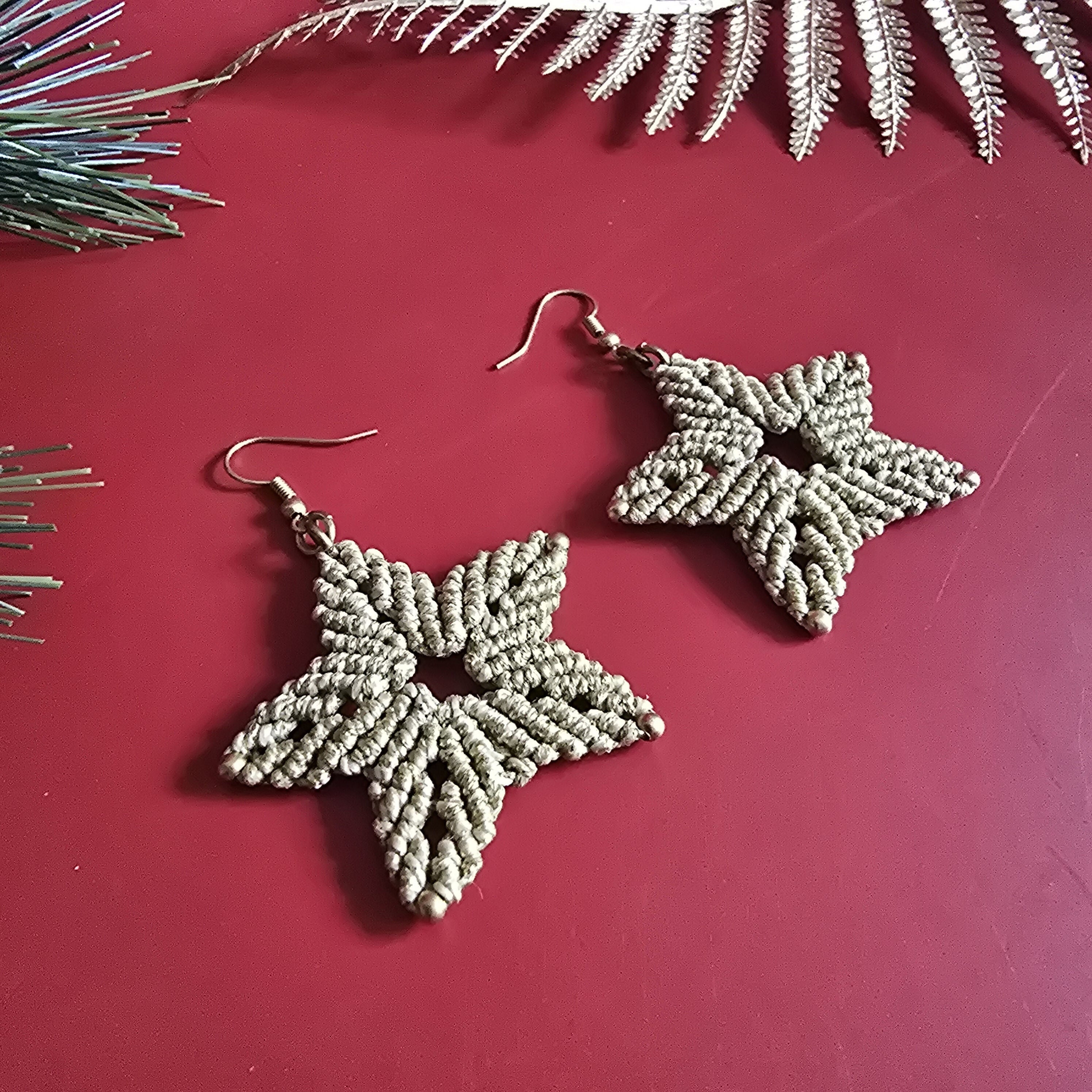 Christmas Macrame Star Earrings; Festive Sparkly Gold knotted Cord Handmade Artisan Earrings