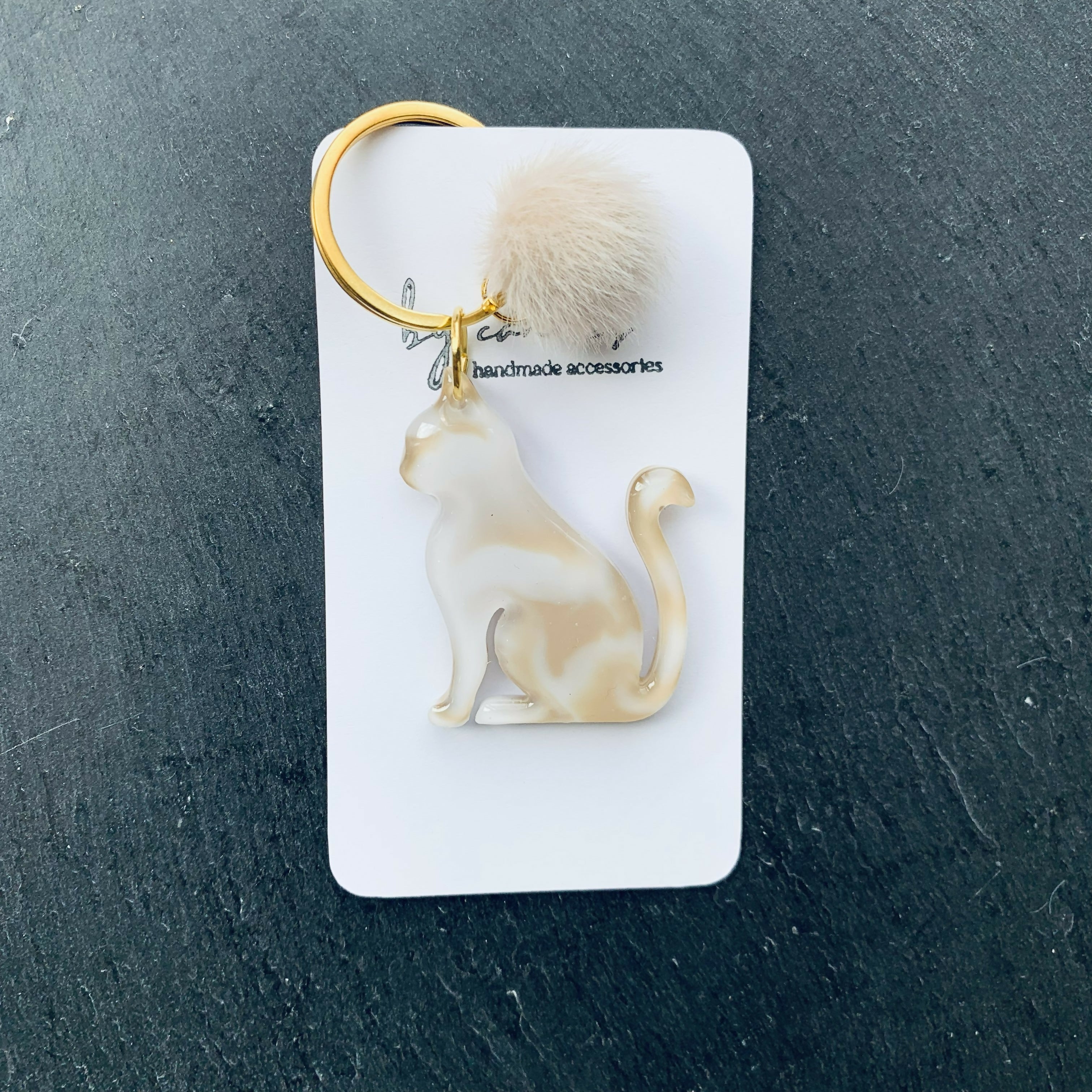 Handcrafted Resin Cat Keyring, Bag Charm with Pom Pom