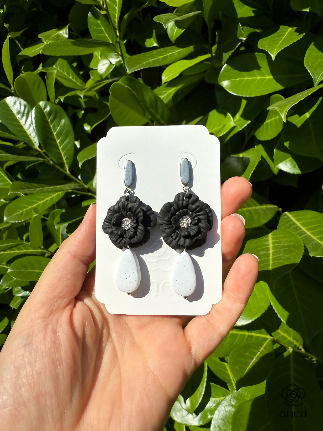 Black Flower Drop Earrings with Stone-Effect Teardrop