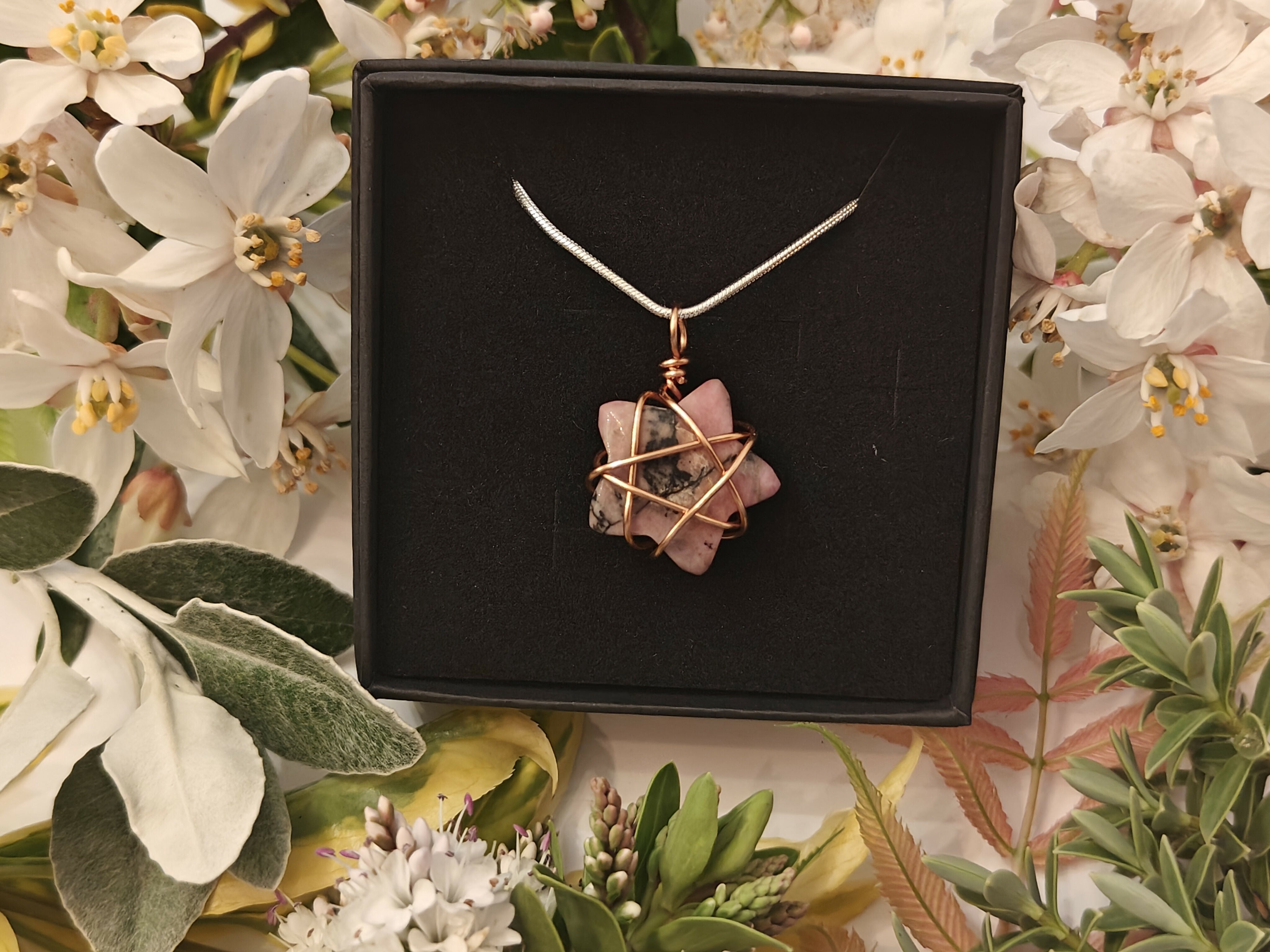 Rhodonite Wire Wrapped Crystal Necklace on Sterling Silver Chain