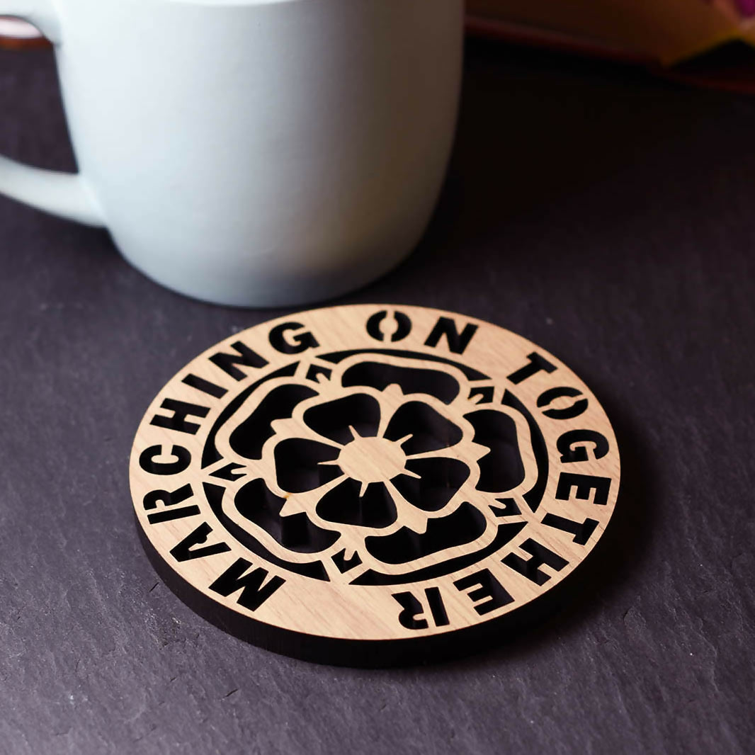 Marching on Together Leeds Football Laser Cut Wooden Coaster