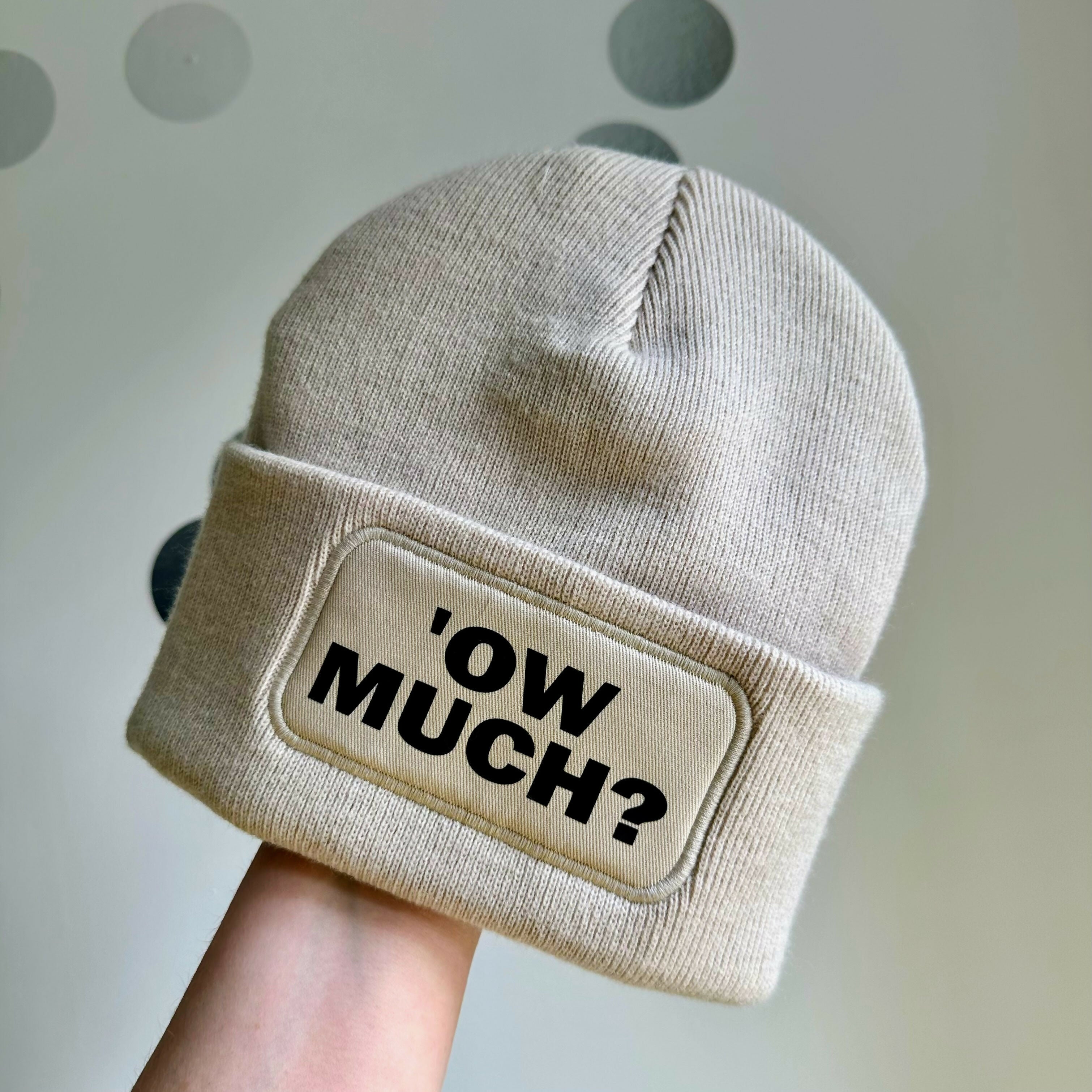 Ow Much Cuffed Rectangular Patch Beanie Hat