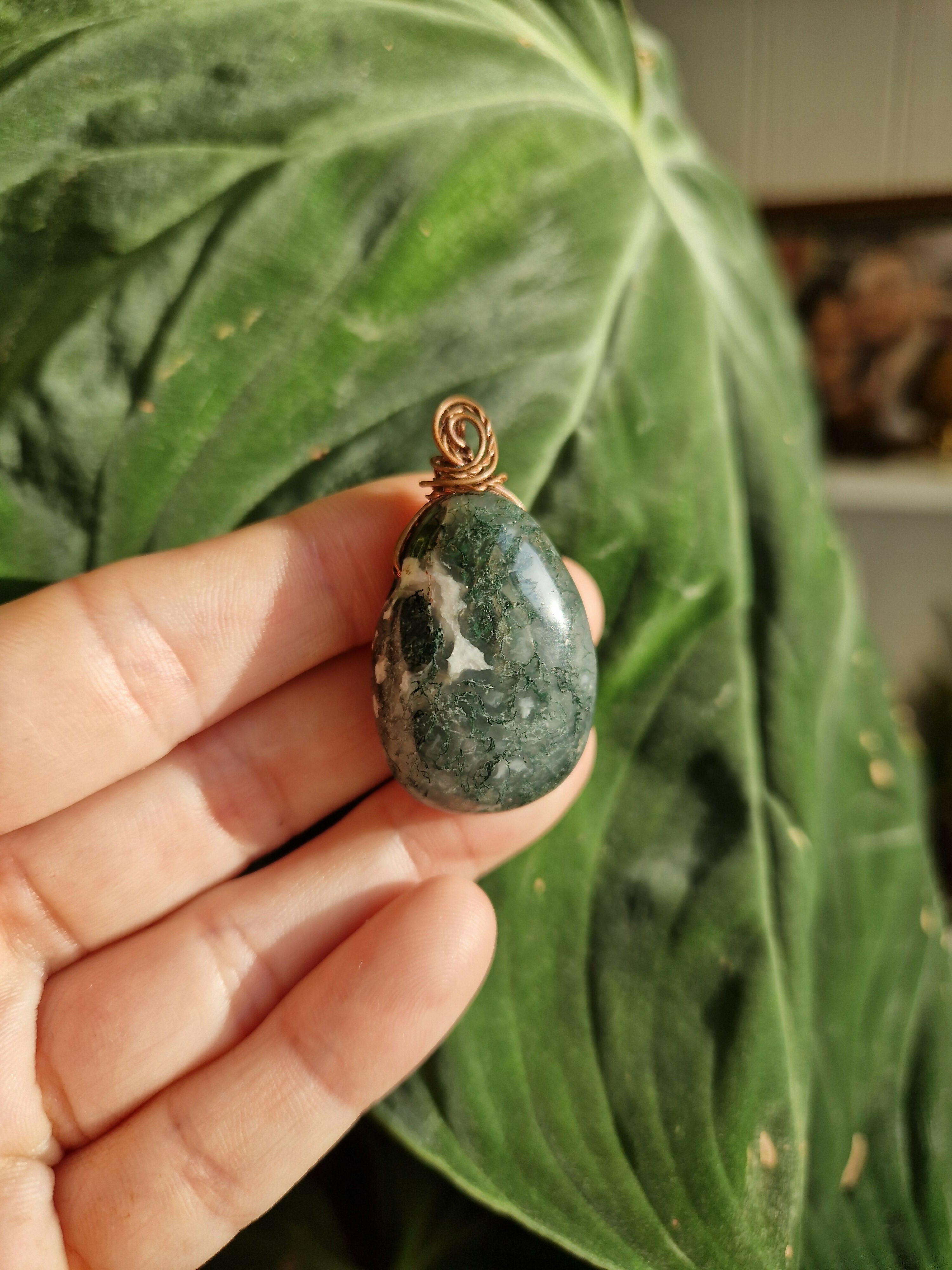 Moss Agate & Copper Pendant with Adjustable Suede Cord. Detox, Grounding, Heart Chakra