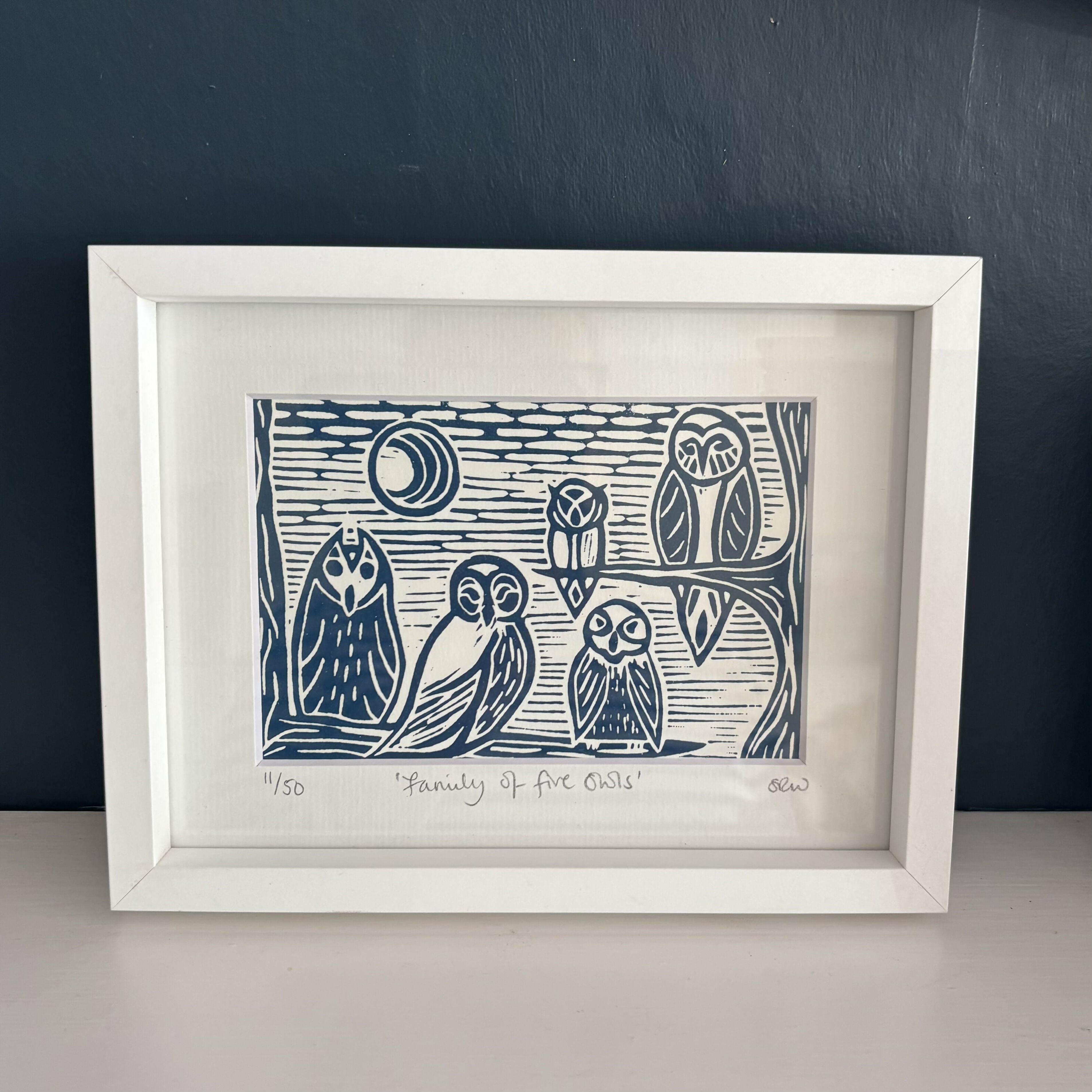Five Owls Framed Lino Cut Print