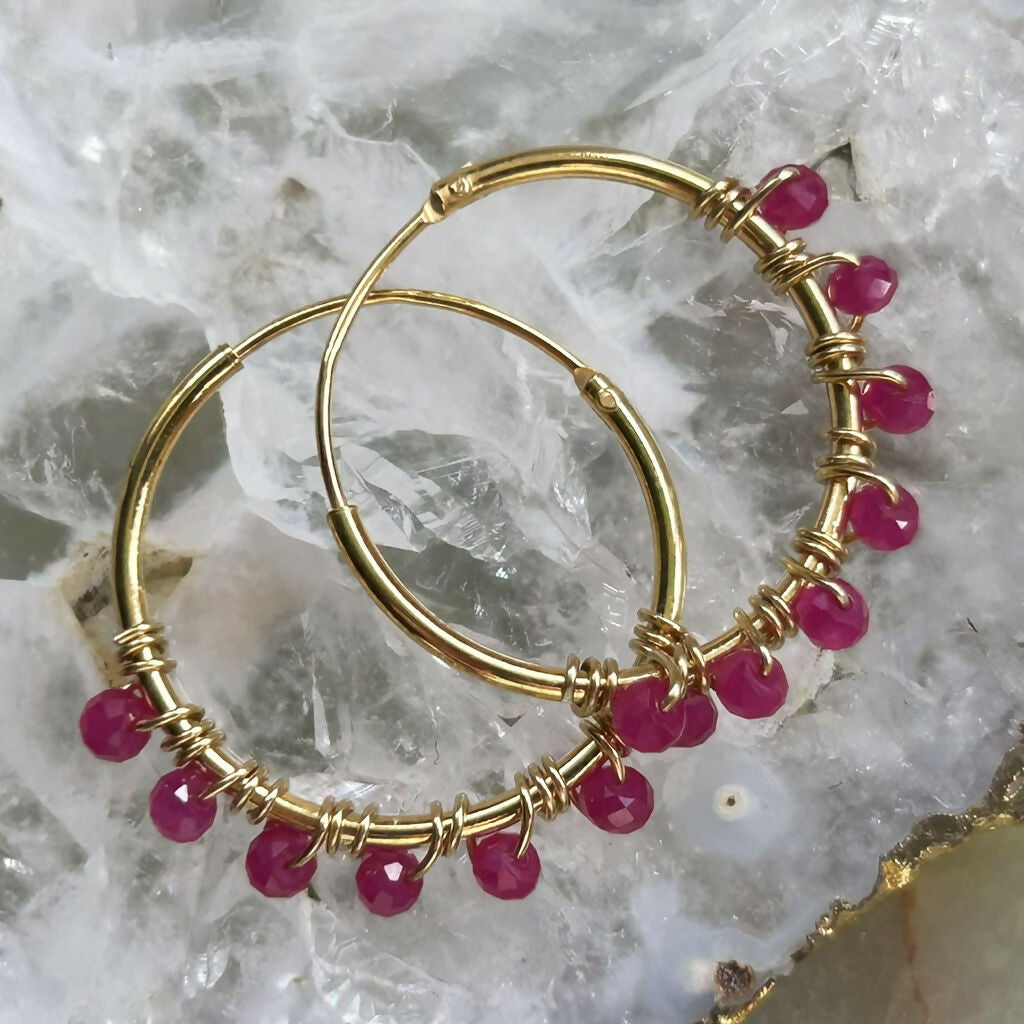 Handmade Gold Vermeil Ruby Beaded Hoop Earrings