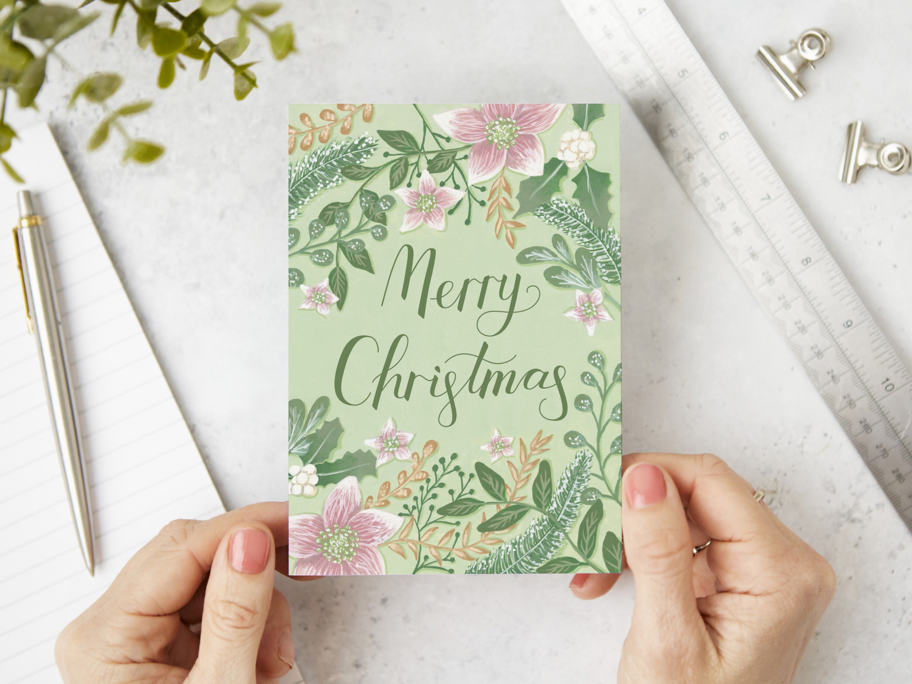 Green Floral Merry Christmas Card A6