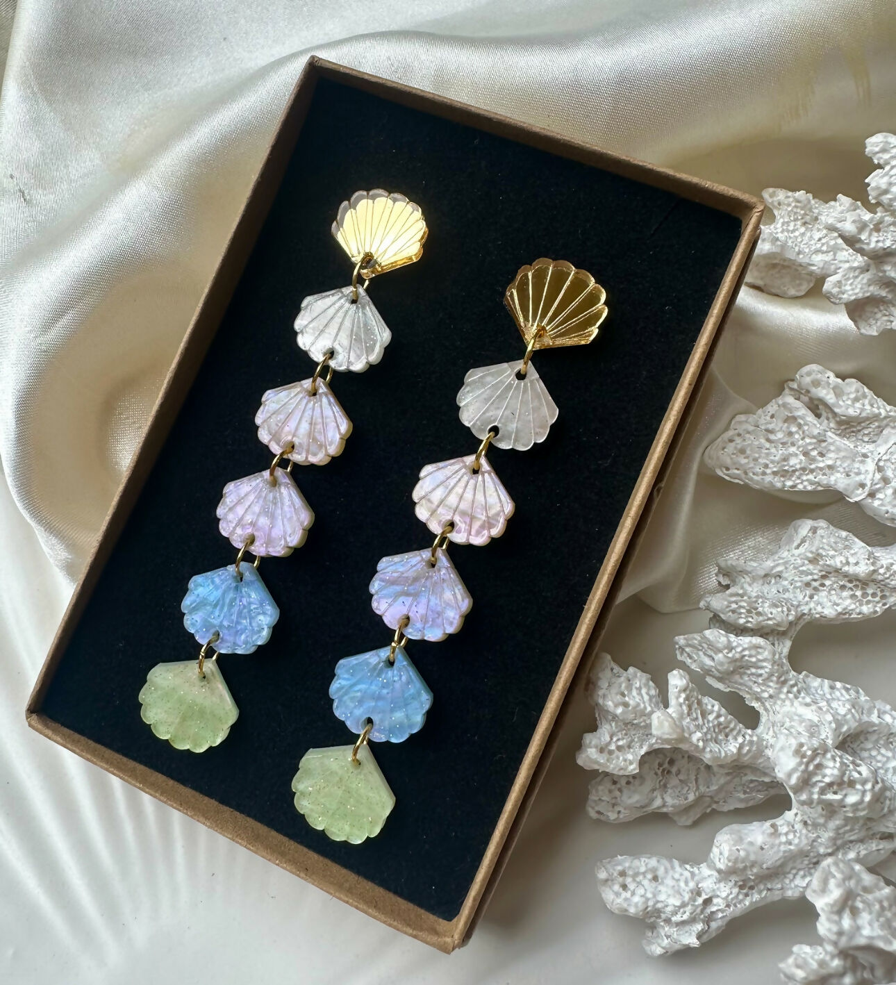 Long dangly, rainbow shell earrings