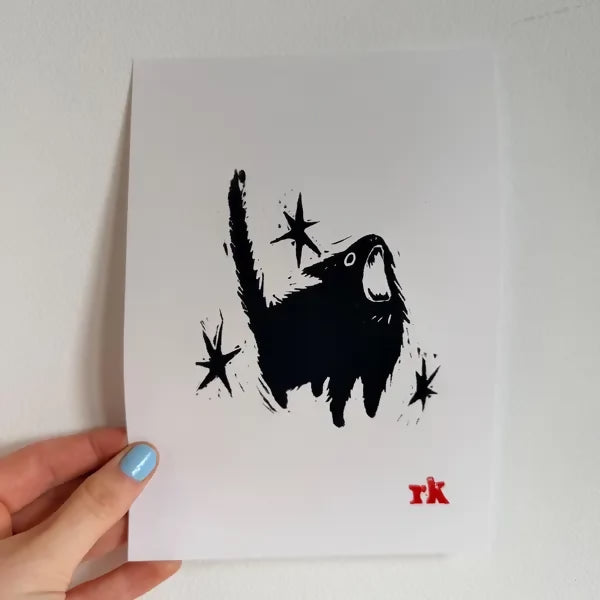 Lino Printed Artwork - Tiny Cat Big Scream