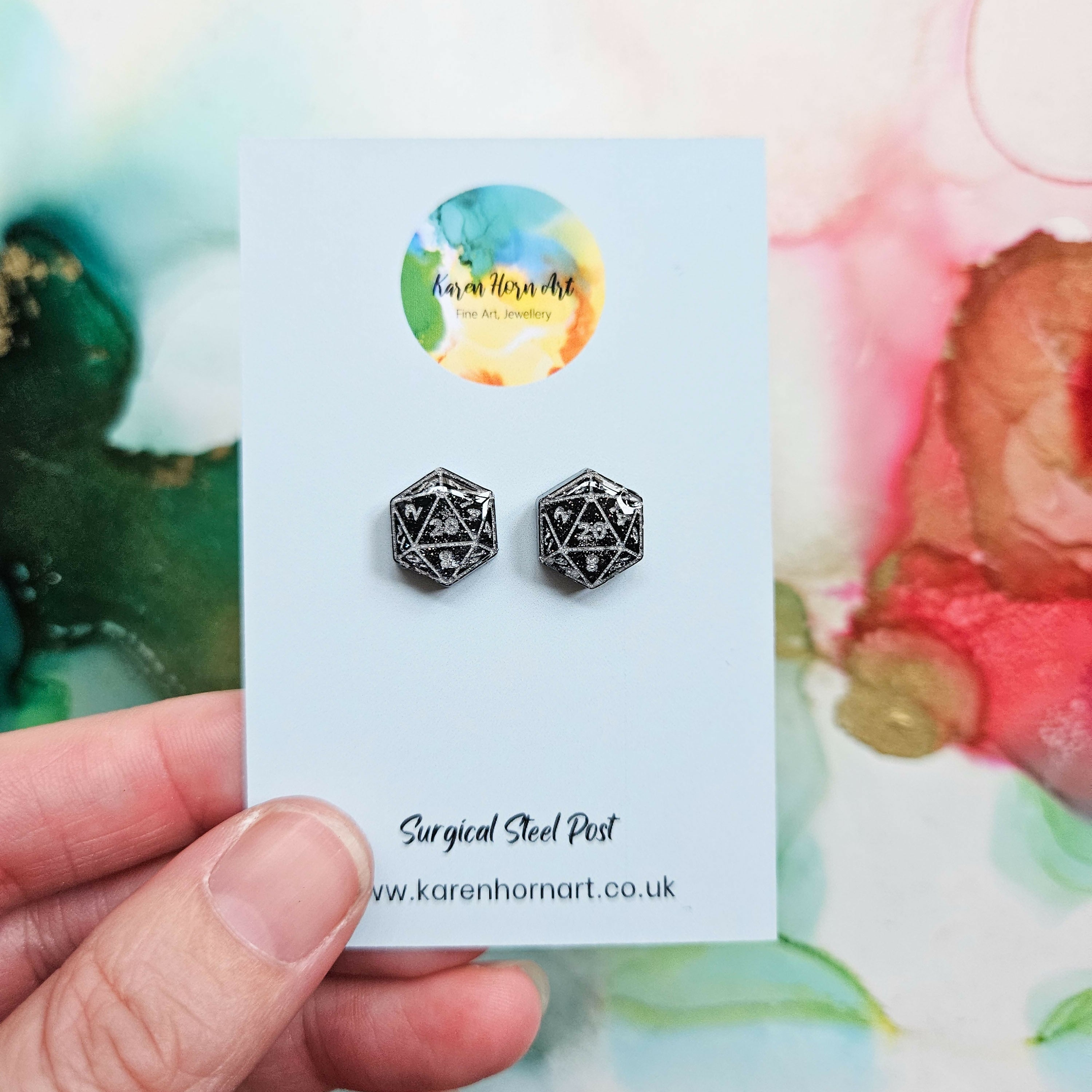 Handmade Black And Glitter D20 Resin Stud Earrings