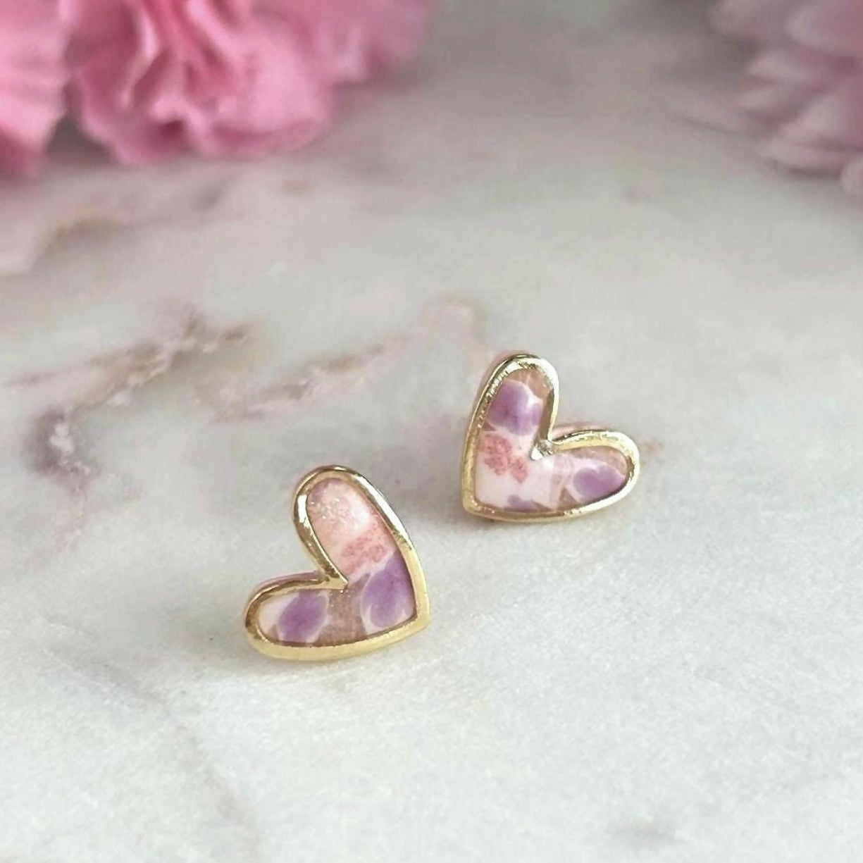 Soft Purple Flower Heart Studs