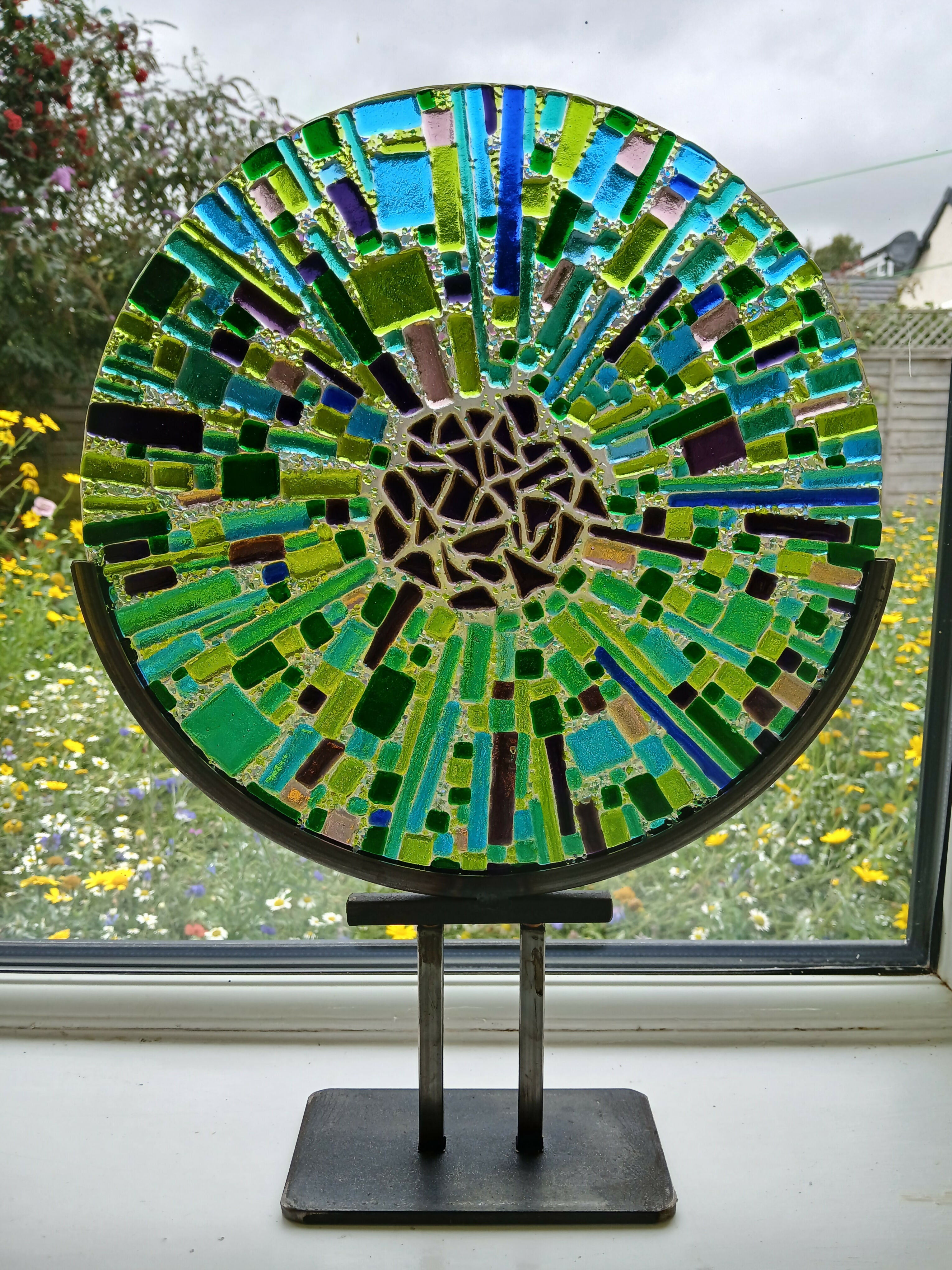 Fused Glass Large Disc - Blue and Green with Industrial Style Stand