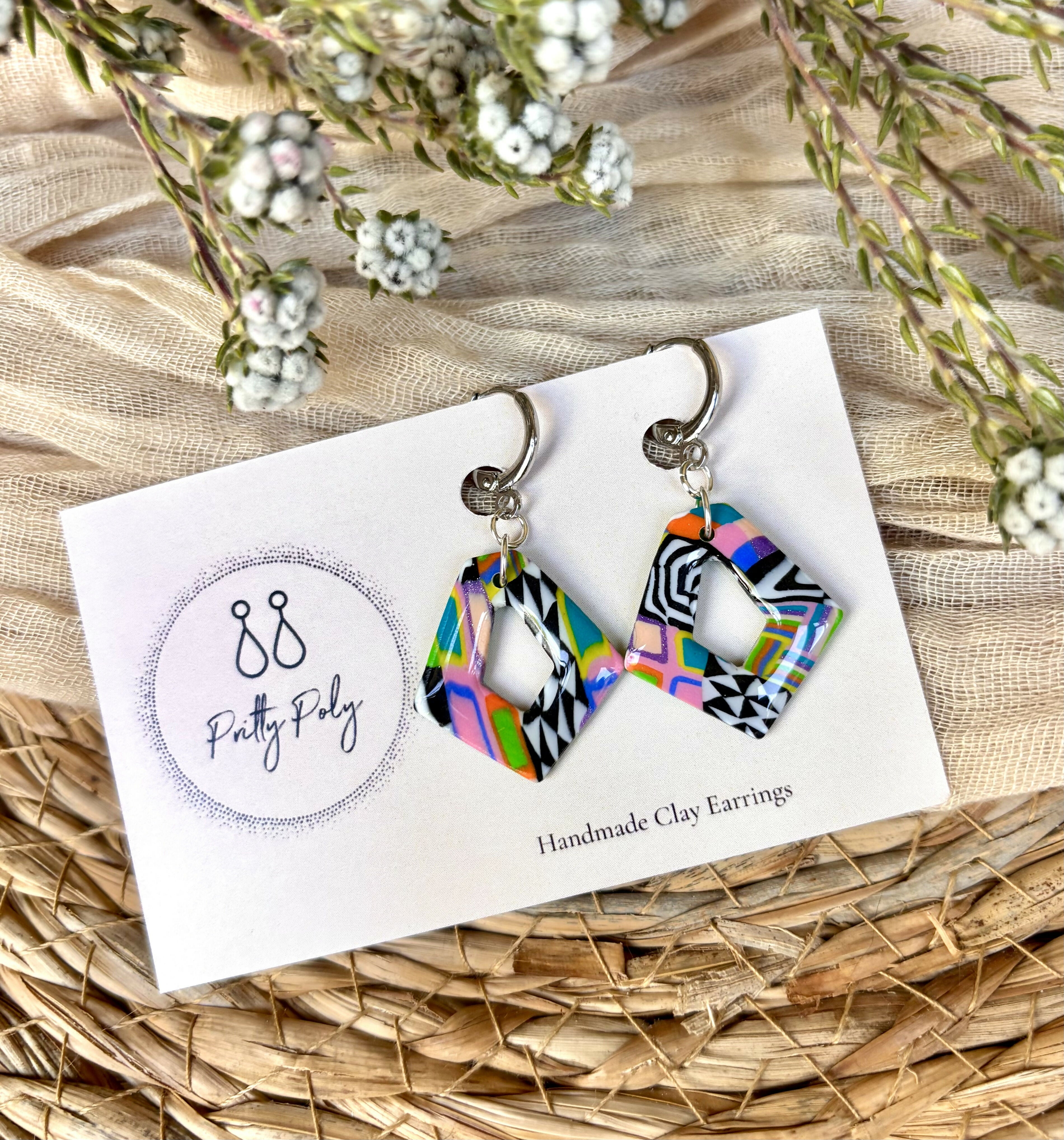 Funky Pattern Collection - Diamond Polymer Clay Earrings Huggie Hoops