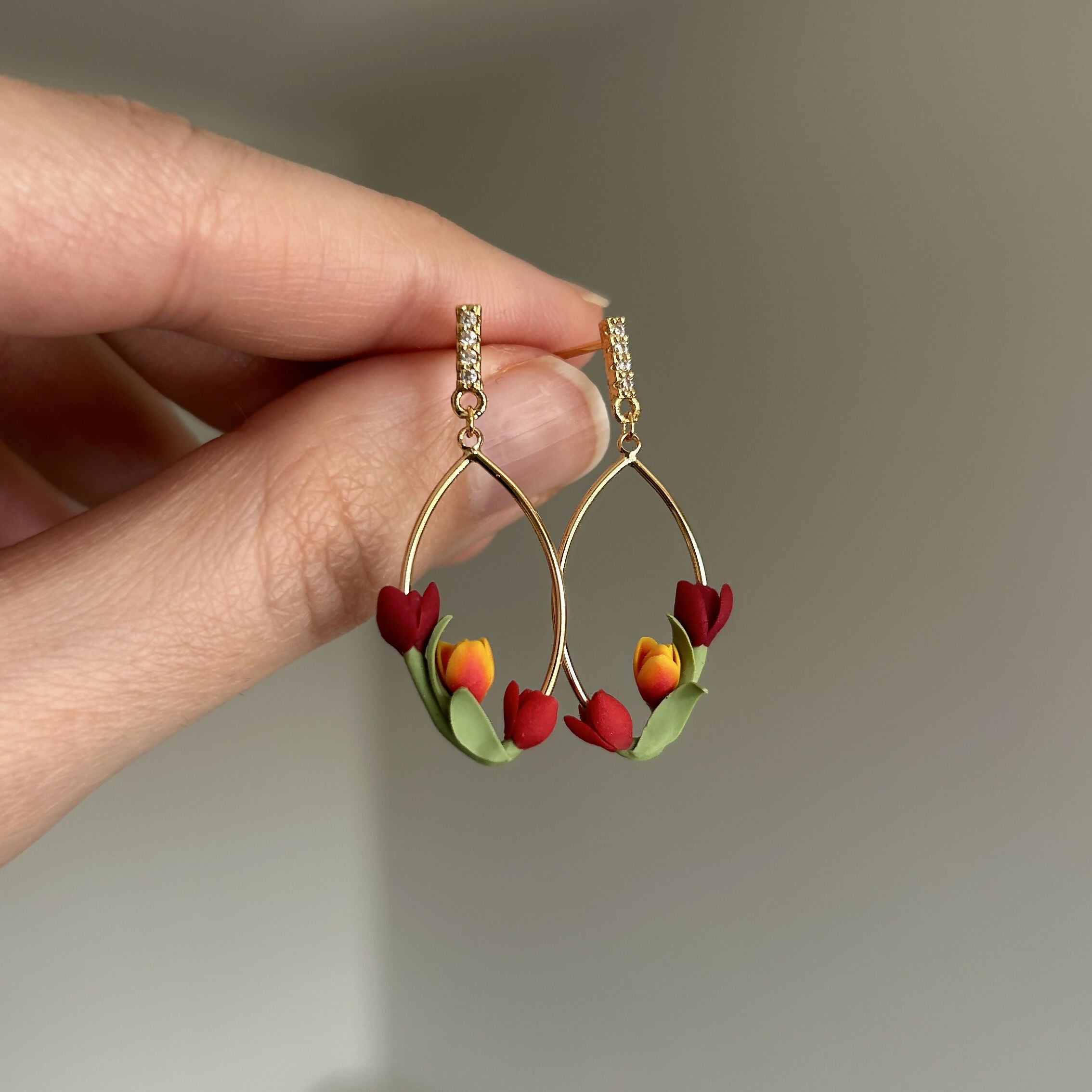 Oval red and orange tulip flowers Earrings