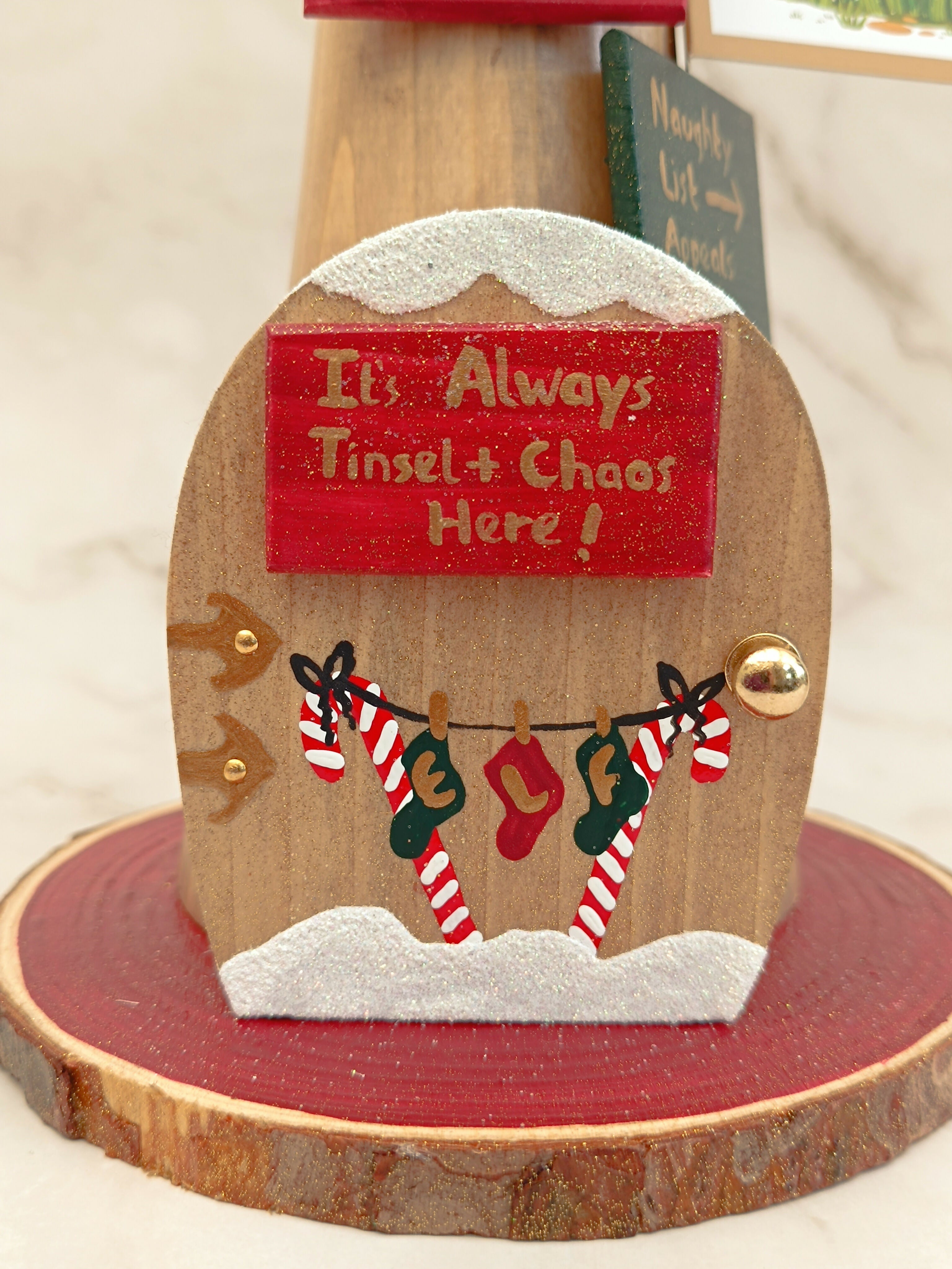 30cm Handmade, Free Standing Painted Wooden Rounded Topped Toadstool Elf House - Whimsical Woodland Ornament & Holiday Keepsake