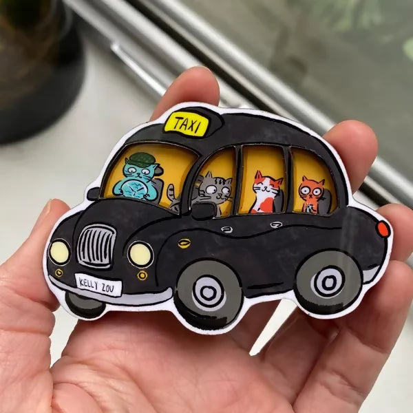 Double Layered Wooden Magnet - Cats in British Taxi