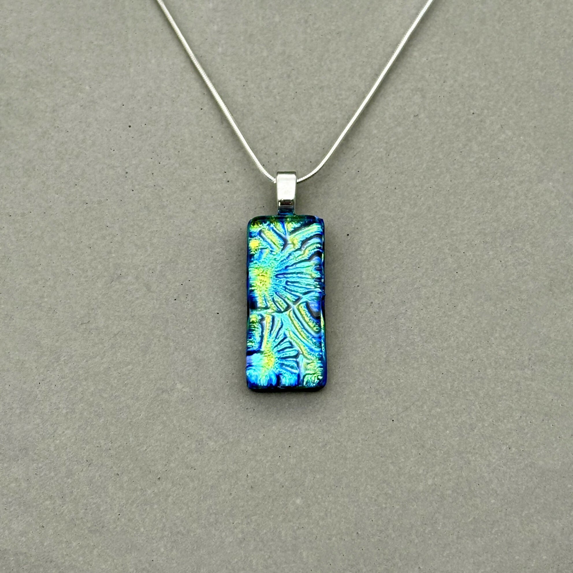 Blue & Green Flower Dichroic Fused Glass Pendant with Silver Plated Chain - Handmade by Jade Tapson Glass.