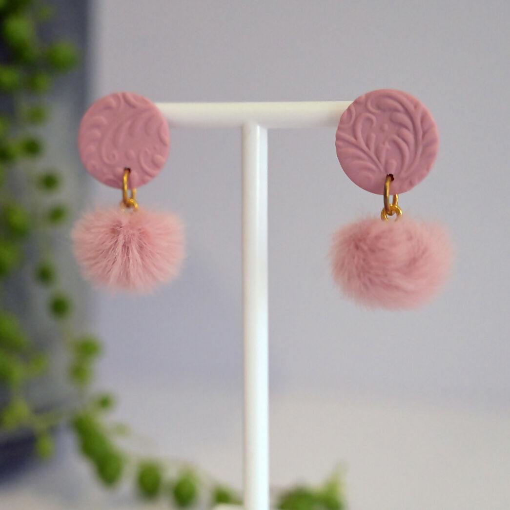 Pink Pom-Pom Dangle Earrings - Handmade Polymer Clay - Polly Plant