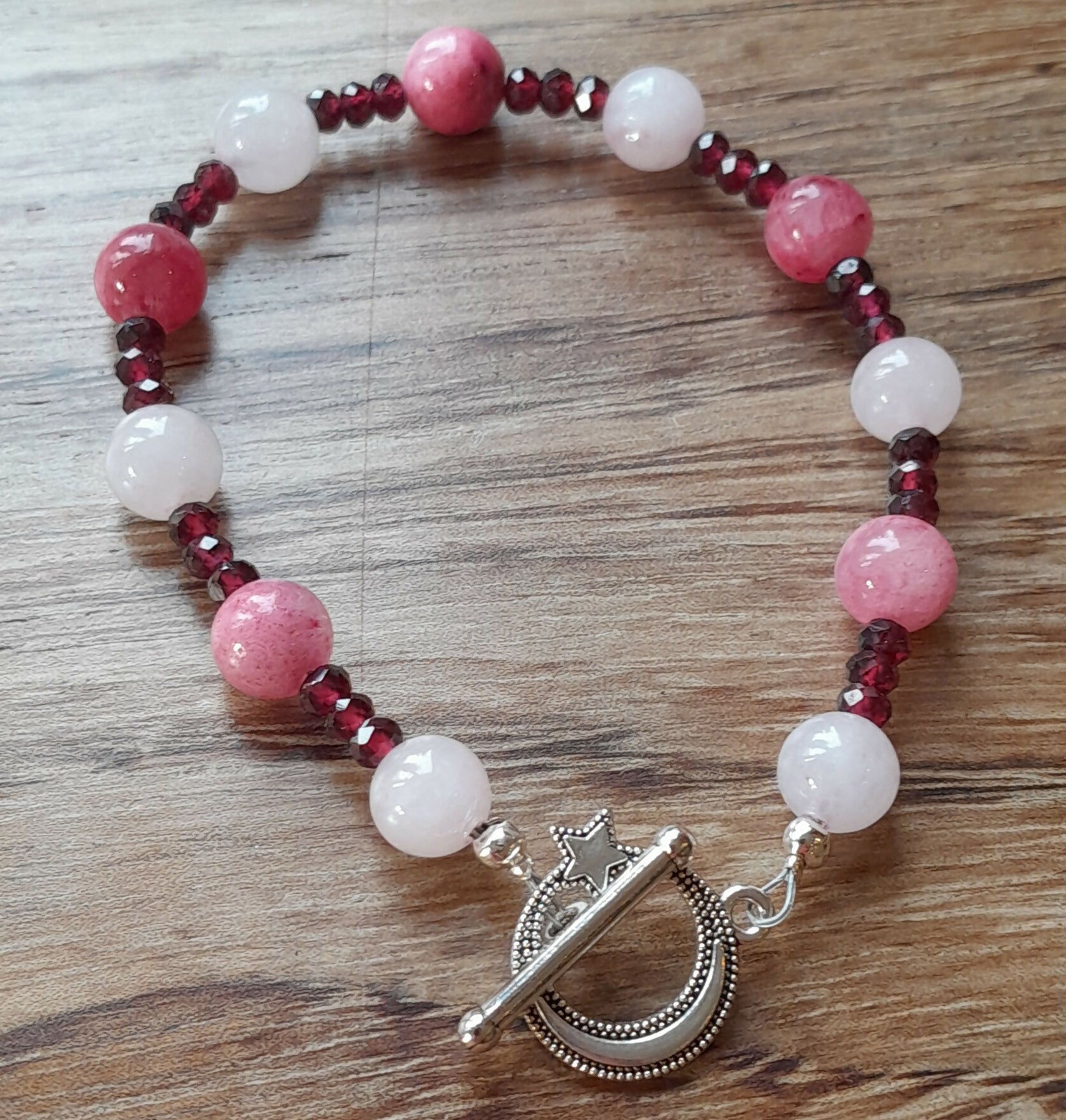 Gemstone Bracelet with Tibetan Silver toggle Catch, Rose Quartz, Faceted Red Chalcedony and Strawberry Quartz.