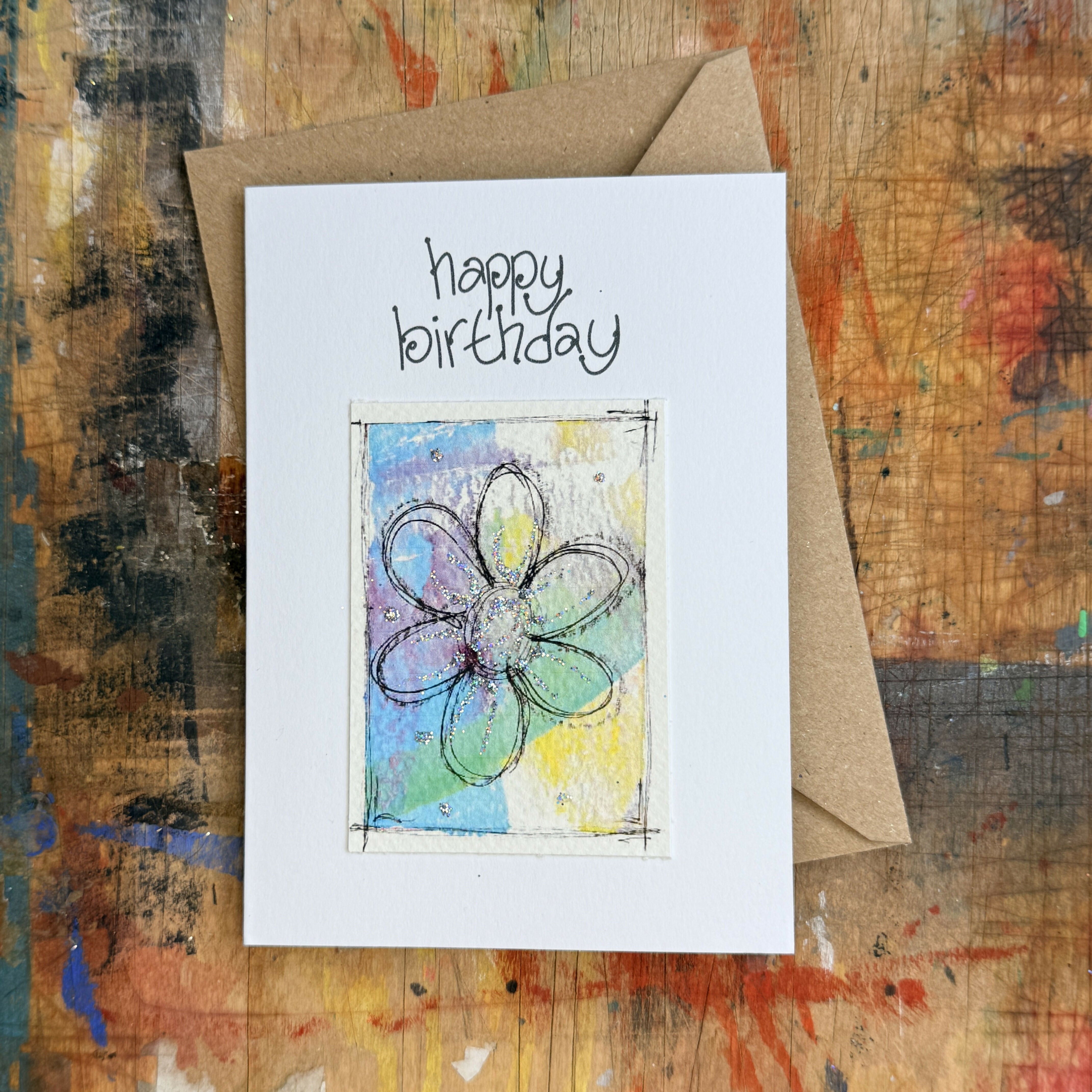 Abstract Sparkle Flower Birthday Card in Blue