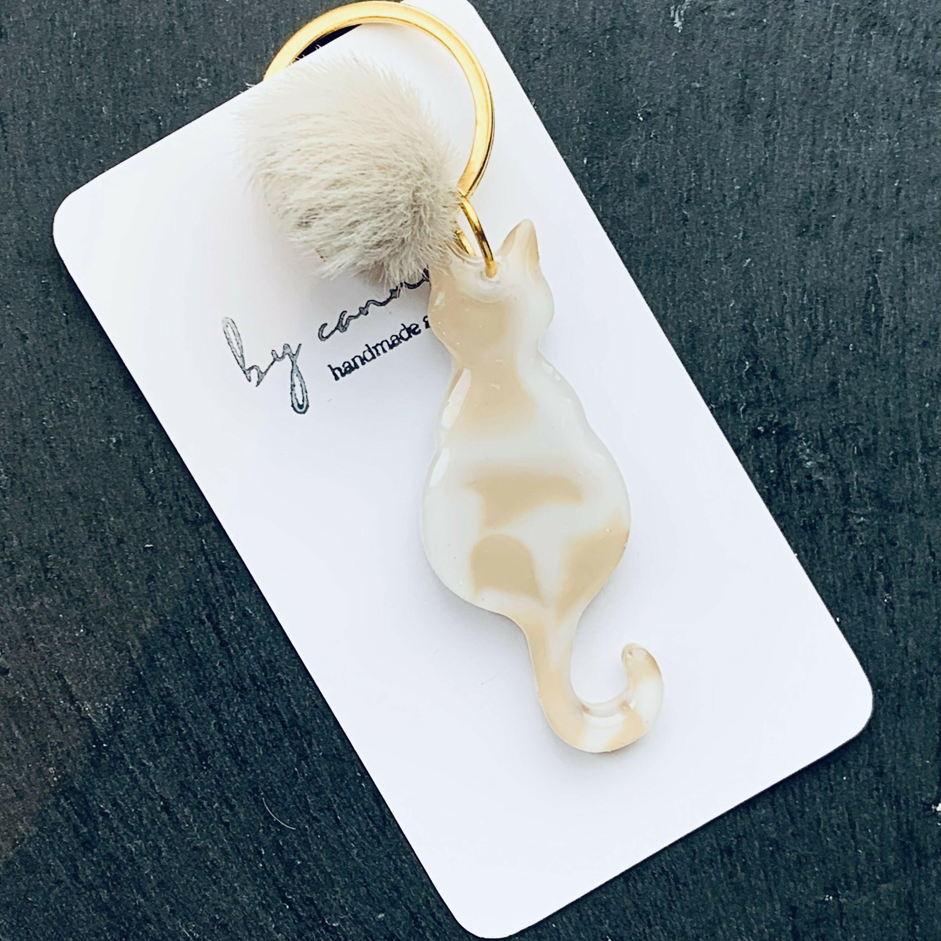 Handcrafted Resin Cat Keyring, Bag Charm with Pom Pom