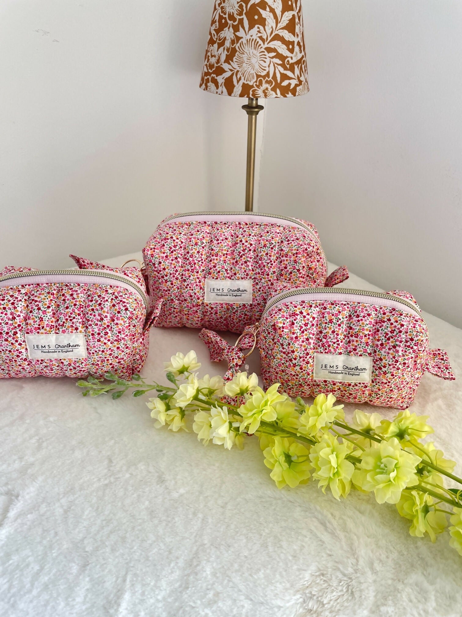 Ditsy Red Quilted Toiletry Bag with Zipper Handmade