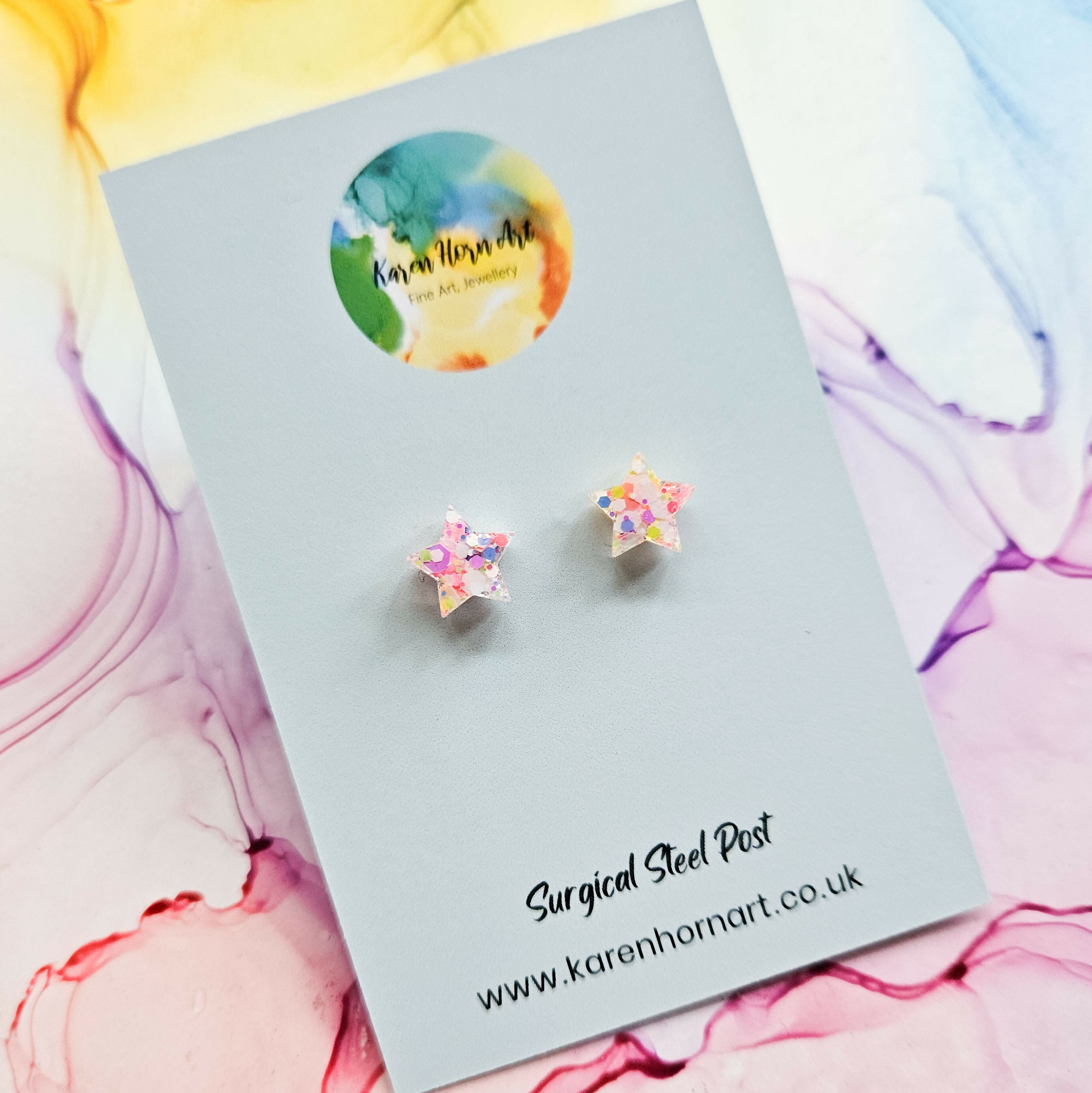 Handmade Glitter Stars Resin Studs Purple Pink Or White Neon