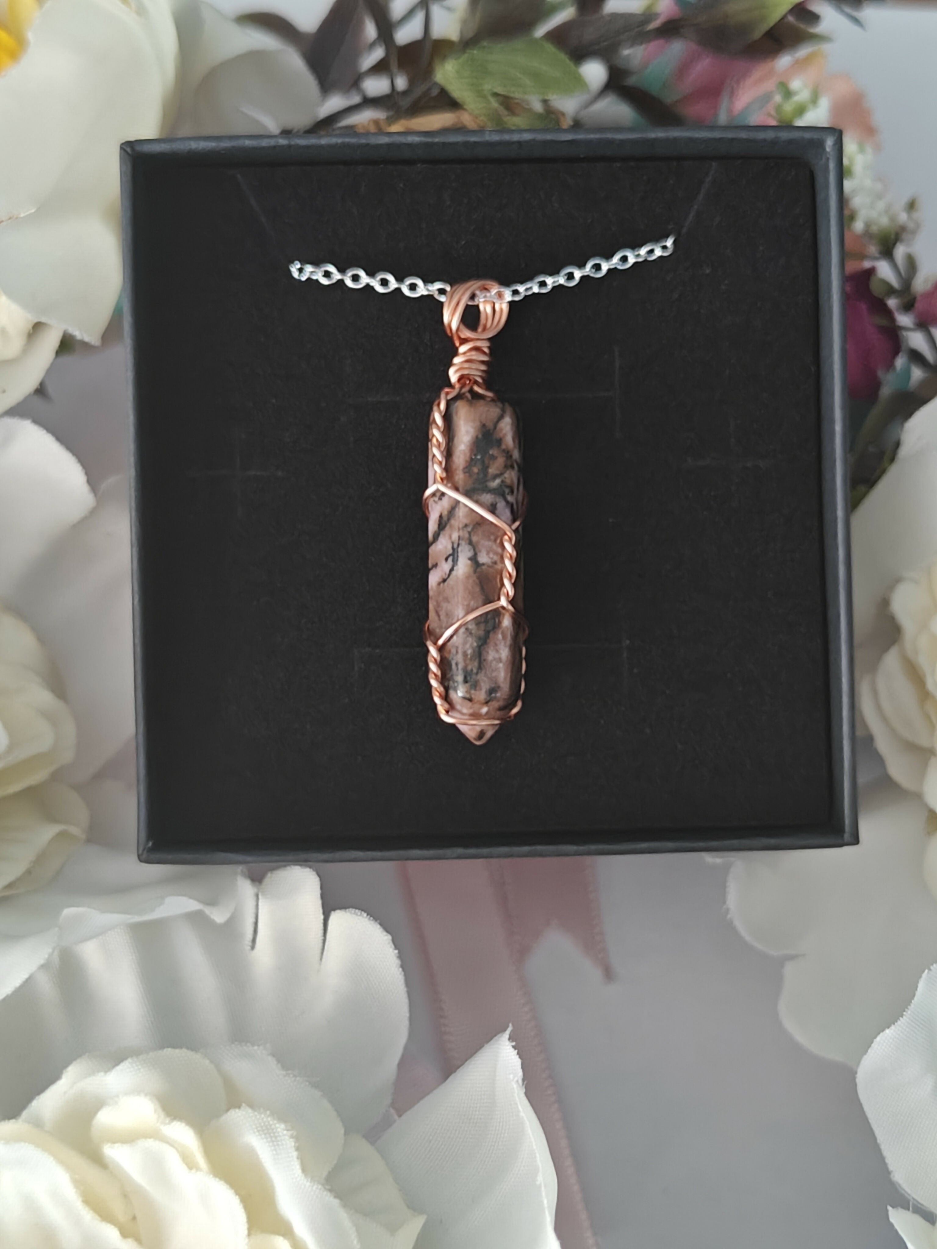 Rhodonite Wire Wrapped Crystal Point Necklace on Sterling Silver Chain