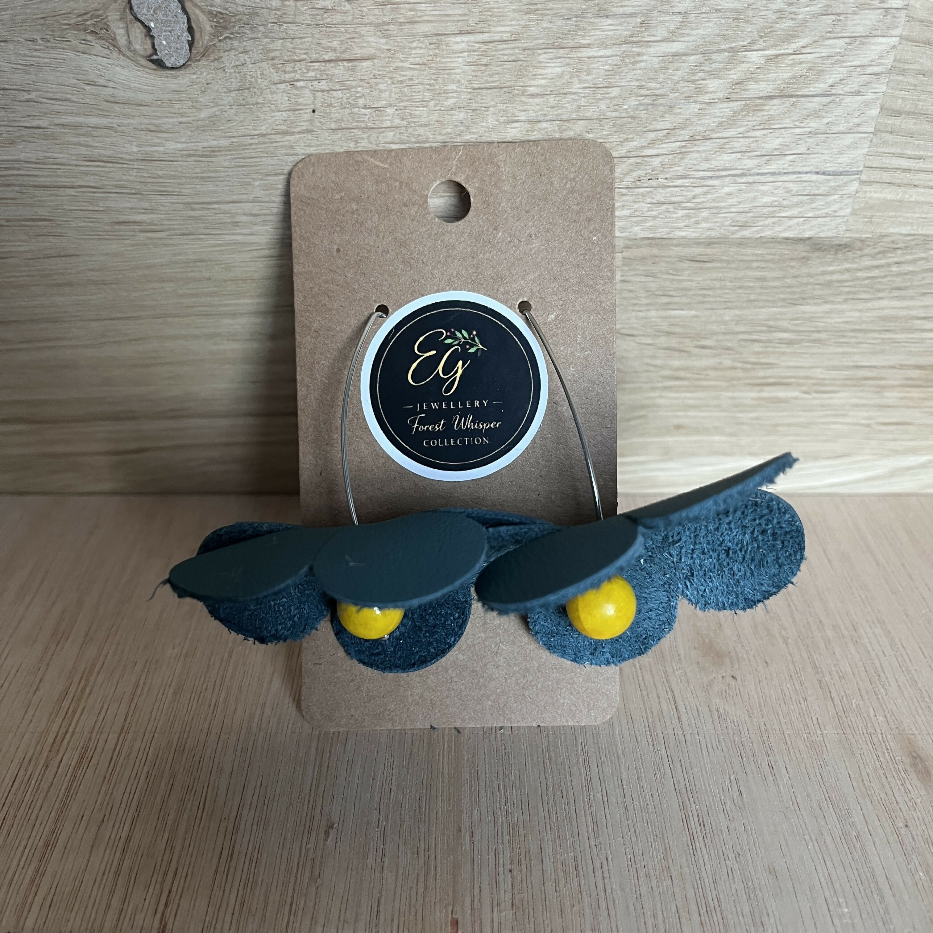 Forest Whisper – Blue Leather Flower Earrings with Yellow Stone