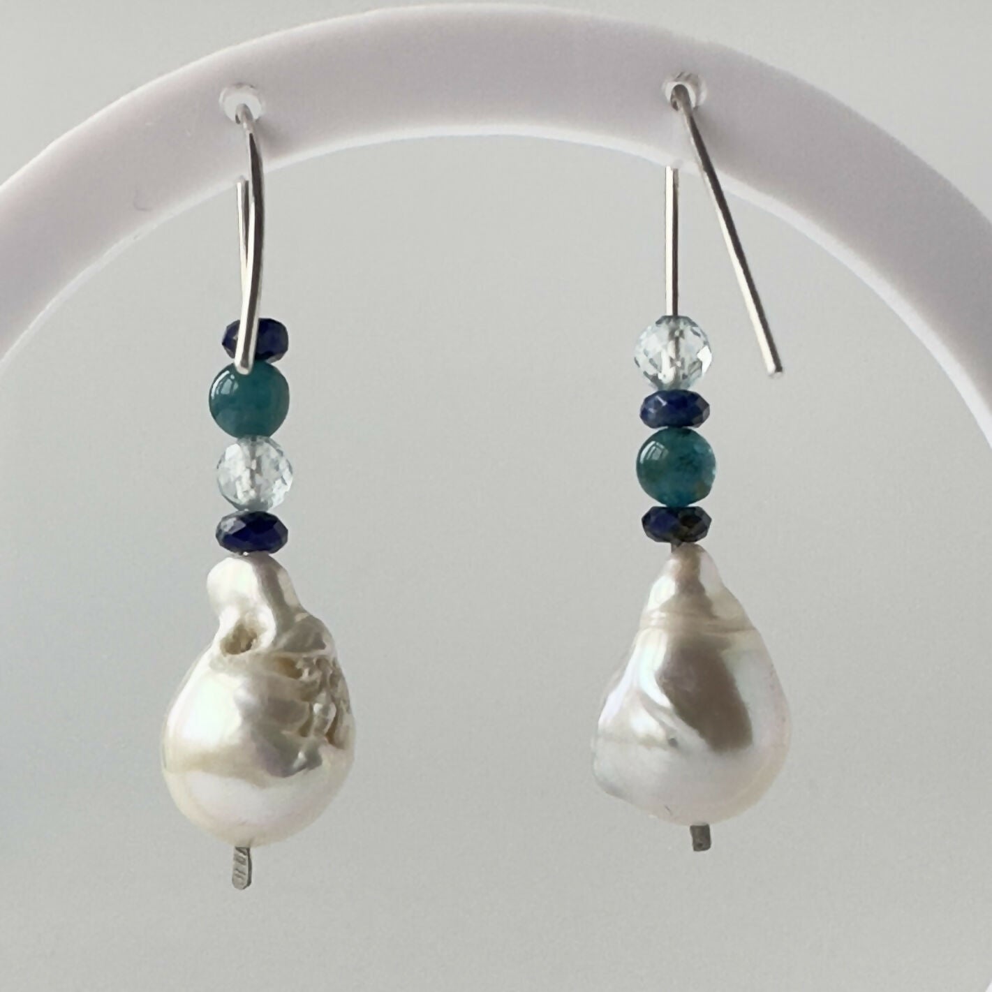 HEALING CRYSTAL & STERLING SILVER THROAT CHAKRA EARRINGS WITH BAROQUE PEARLS