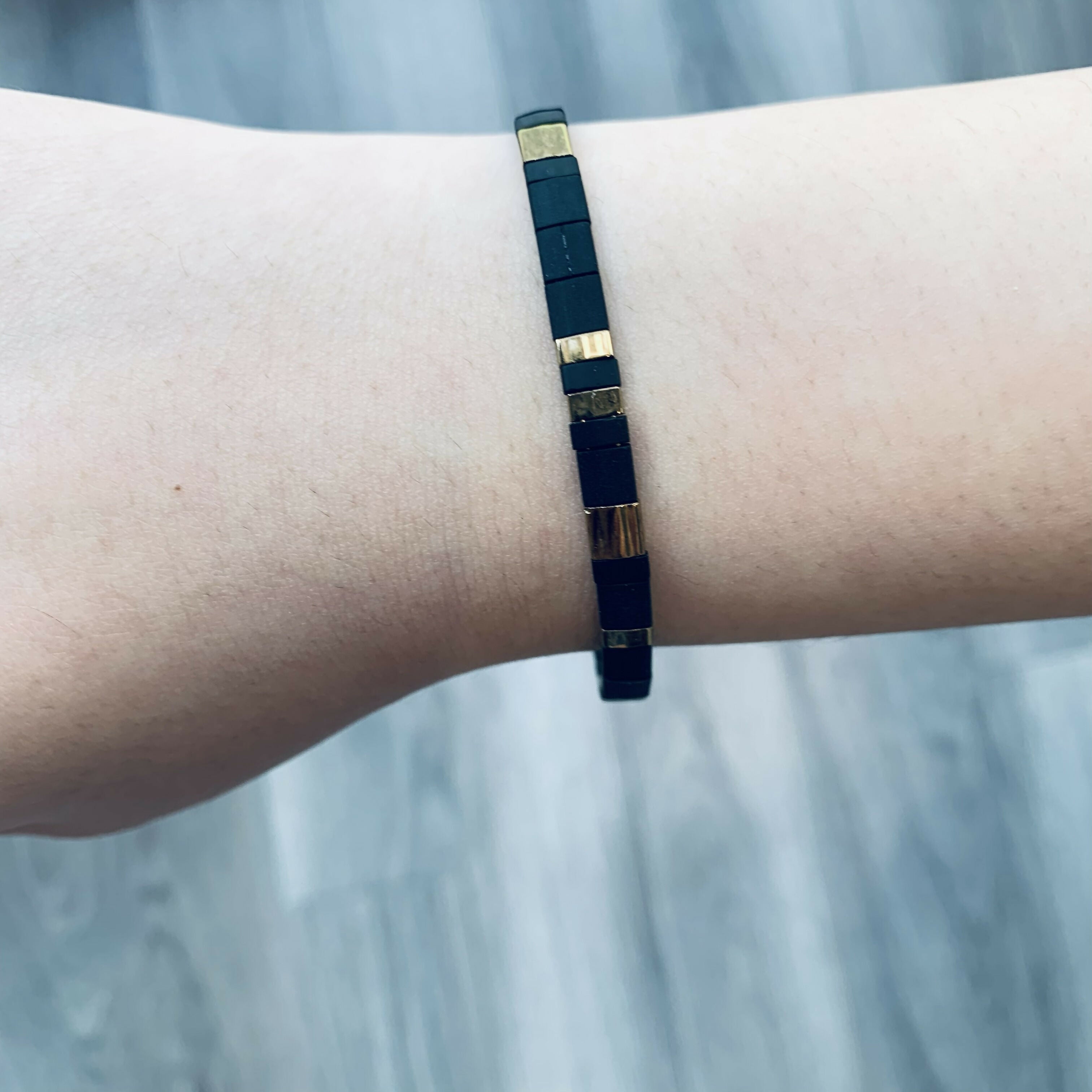Japanese Tila Glass Bead Bracelet - Matte Black & Gold