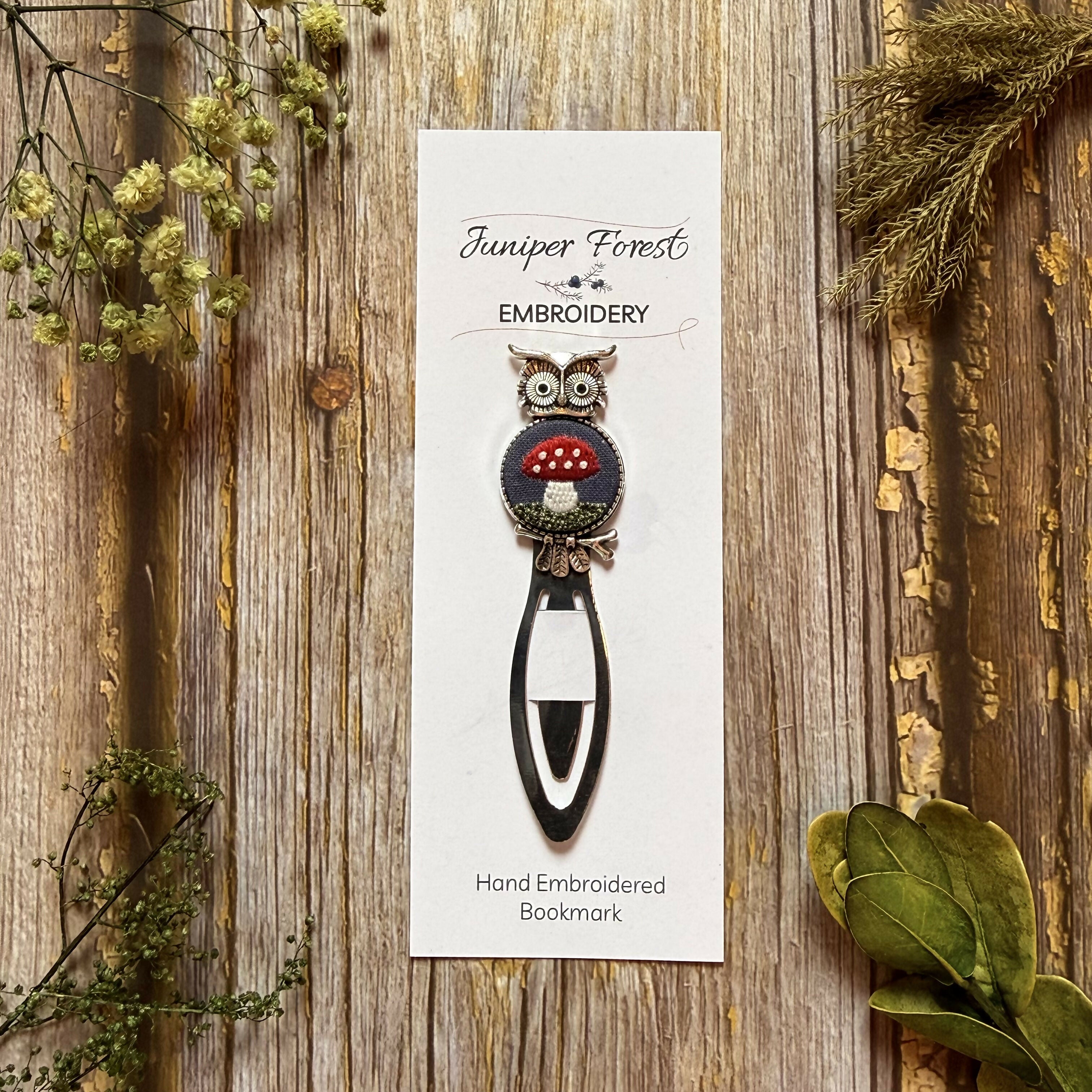 Silver Owl Hand Embroidered Mushroom Bookmark