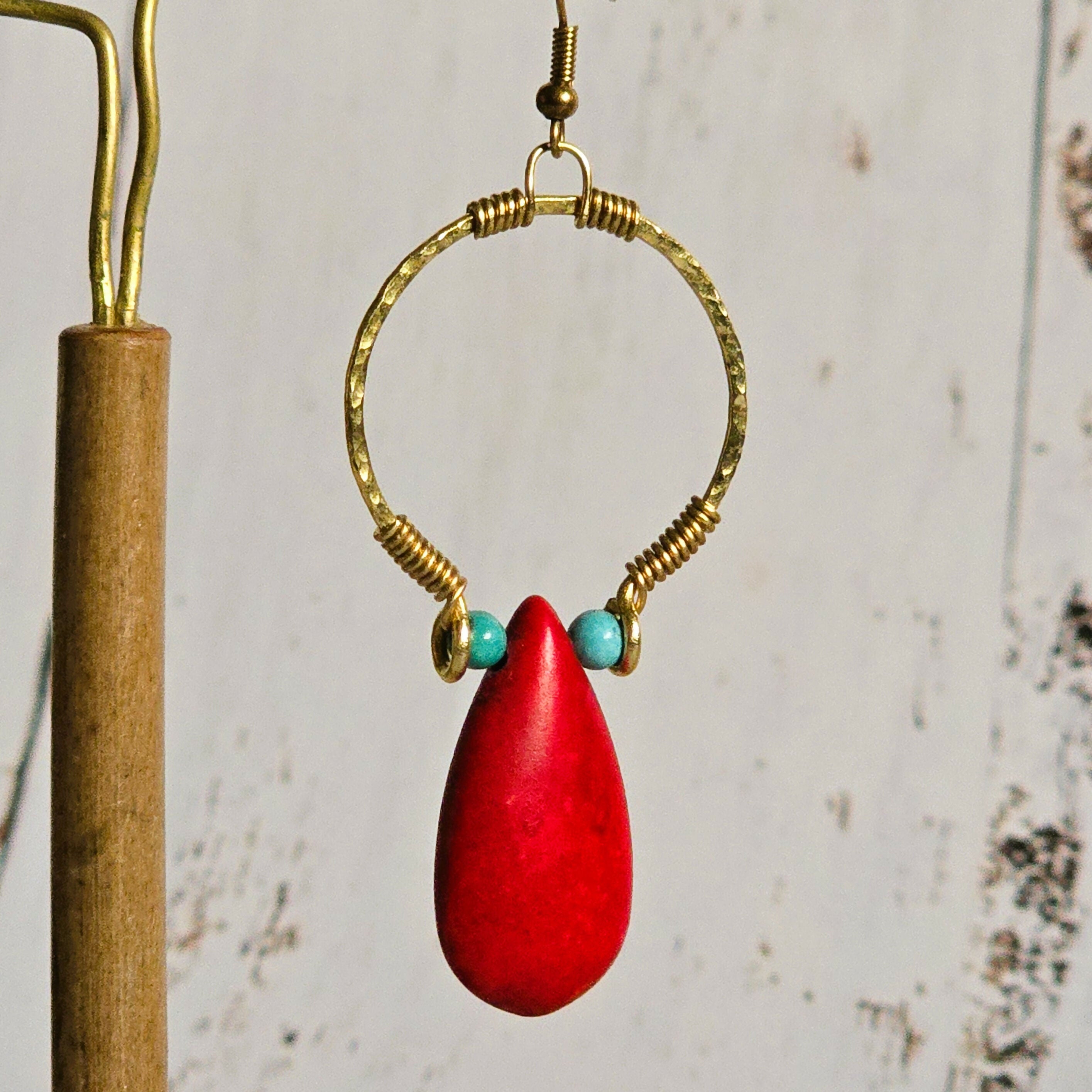 Red Howlite Gold Hoop Earrings; Hammered Brass Wire Red Crystal Turquoise Statement Earrings