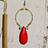 Red Howlite Gold Hoop Earrings; Hammered Brass Wire Red Crystal Turquoise Statement Earrings