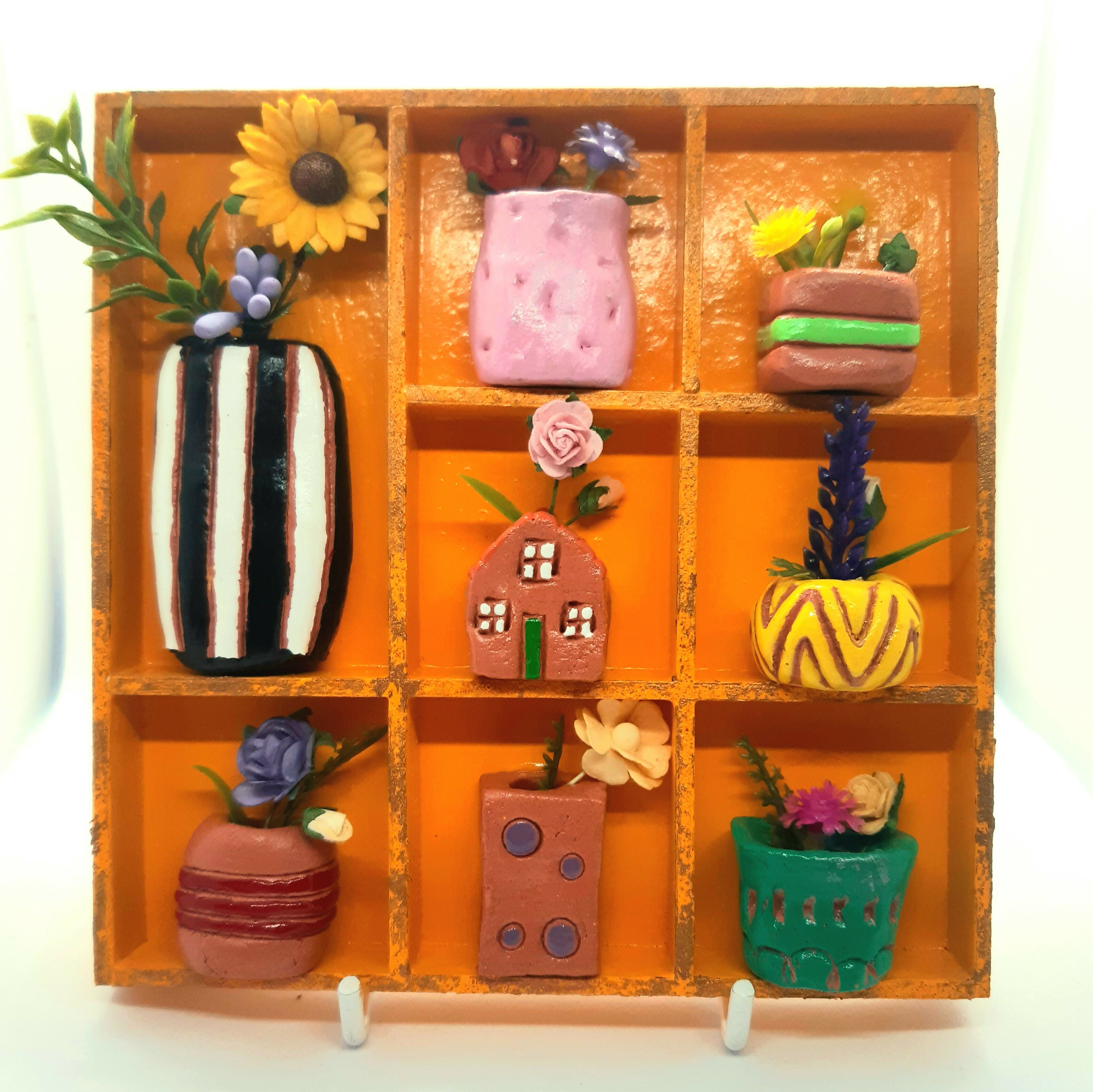 Clay Vase and Faux Flower Orange Painted Wooden Trinket Tray