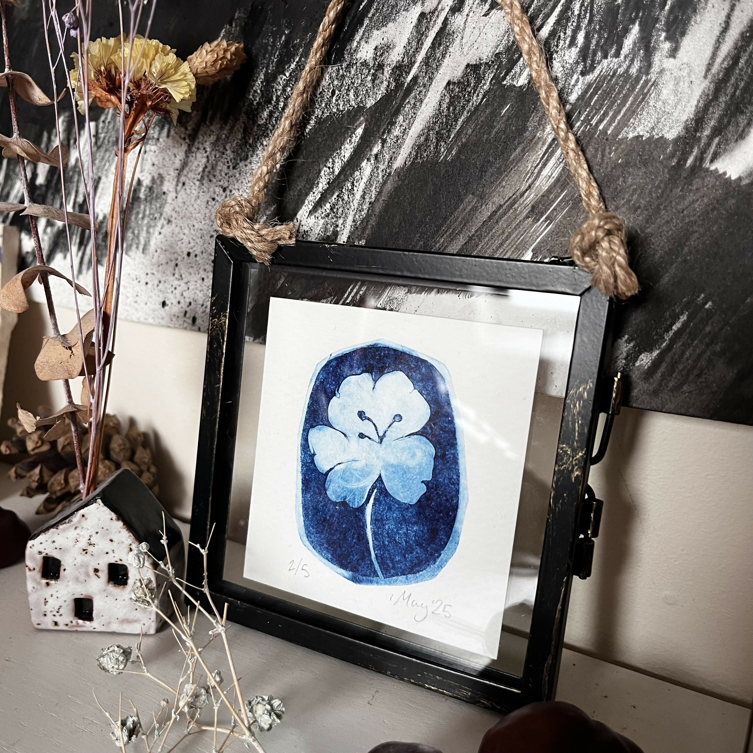 Framed Blue Flower Drypoint Tiny Print