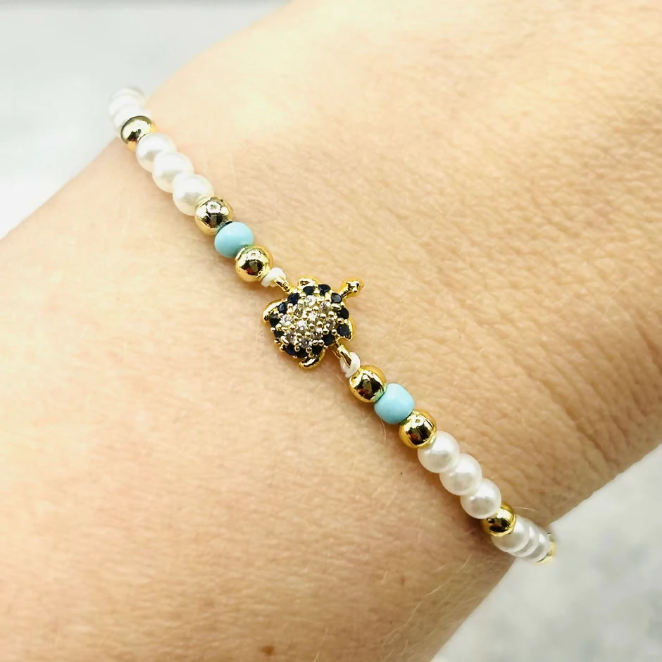 Hand-Strung Pearl Bead Adjustable Bracelet - Zirconia Mediterranean Charms