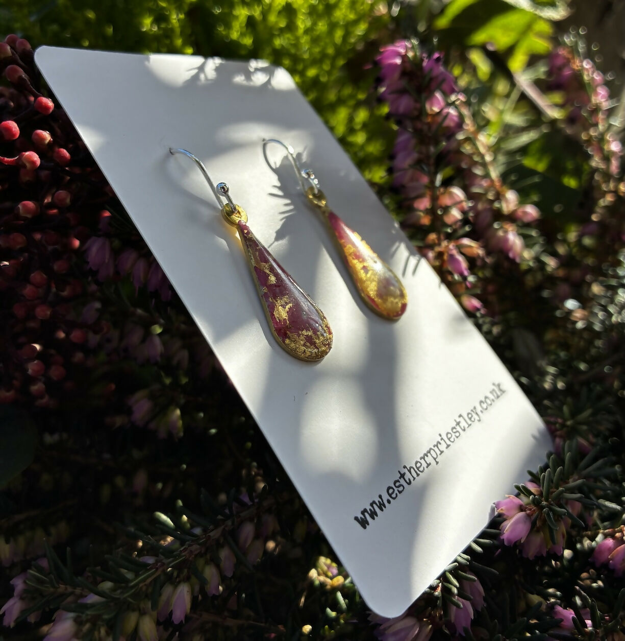 Pink And Gold Leaf Marbled Effect Dangle Earrings On Sterling Silver Hooks