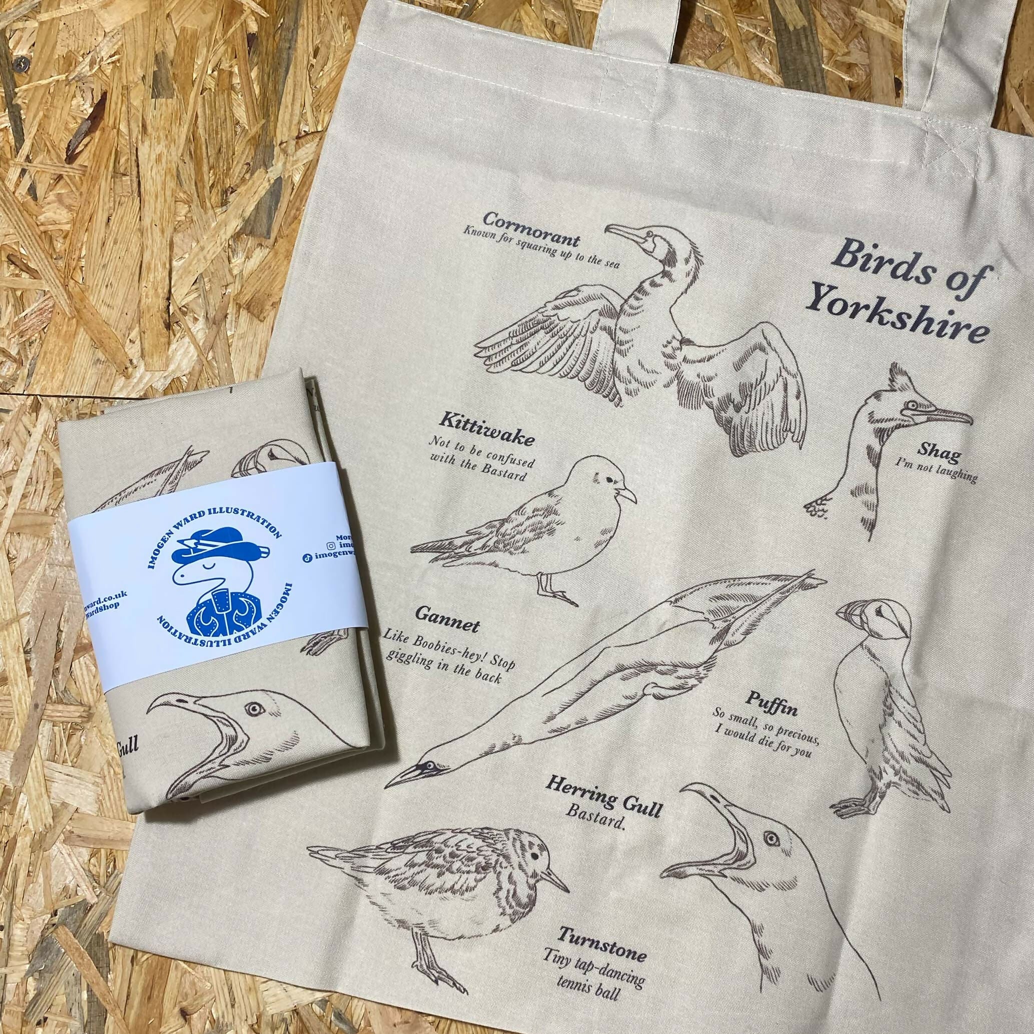 Birds of Yorkshire - Natural, handprinted, illustrated tote bag