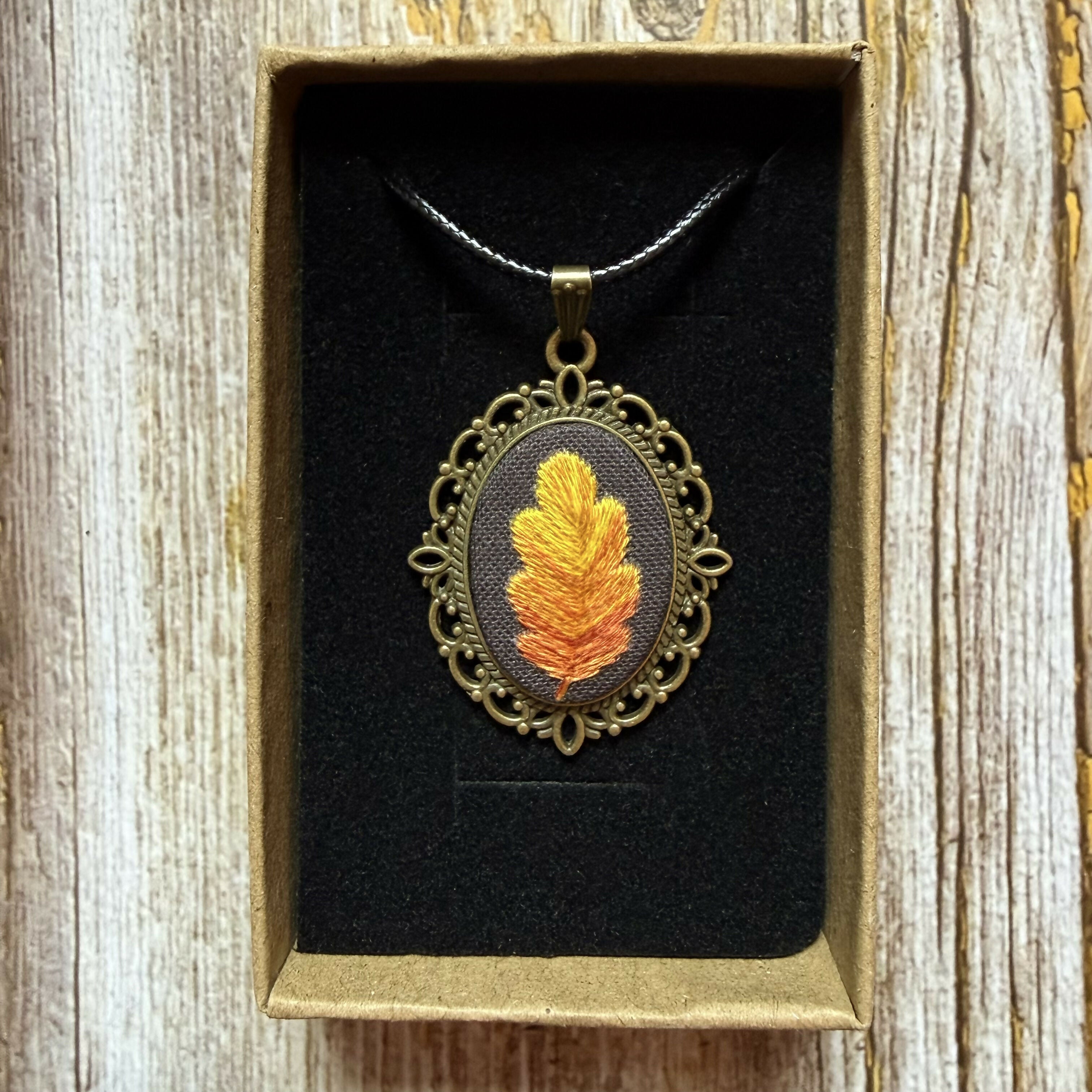 Autumnal Oak Leaf Hand Embroidered Necklace