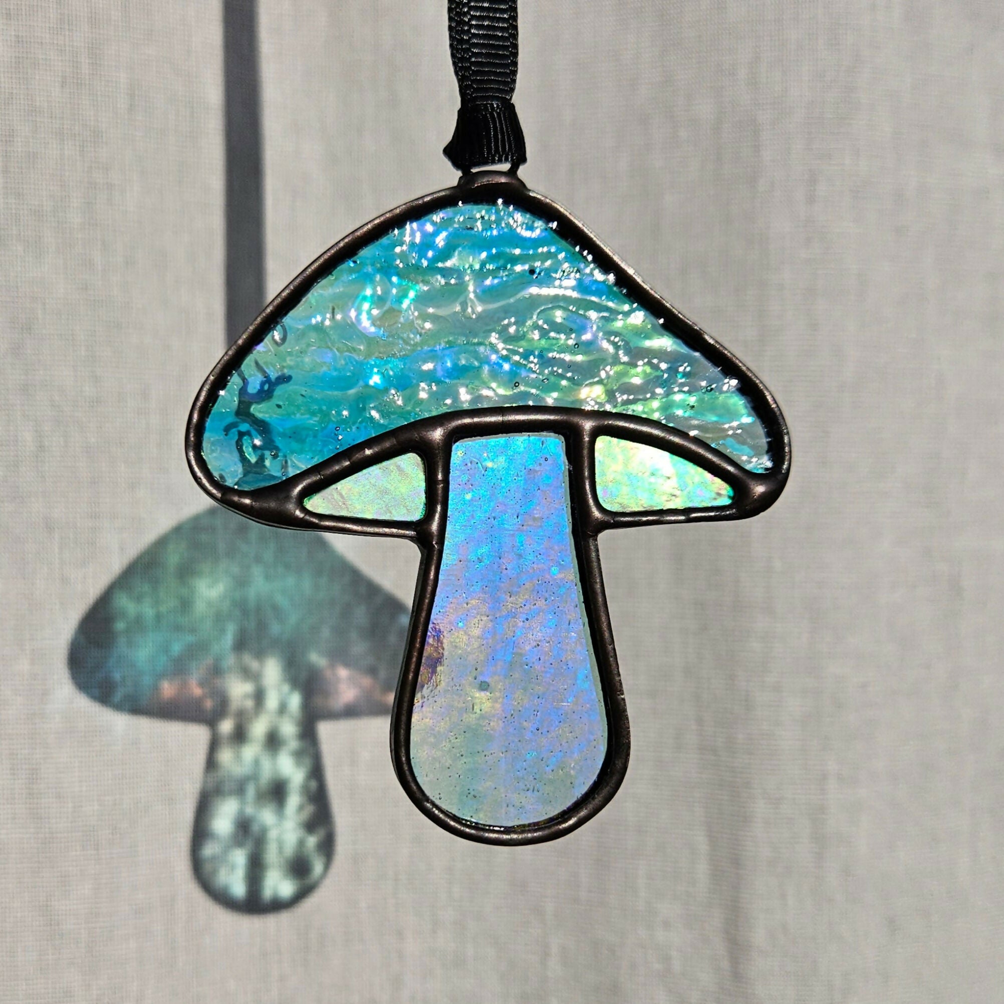 Textured Iridescent Green-Blue Mushroom Stained Glass Suncatcher